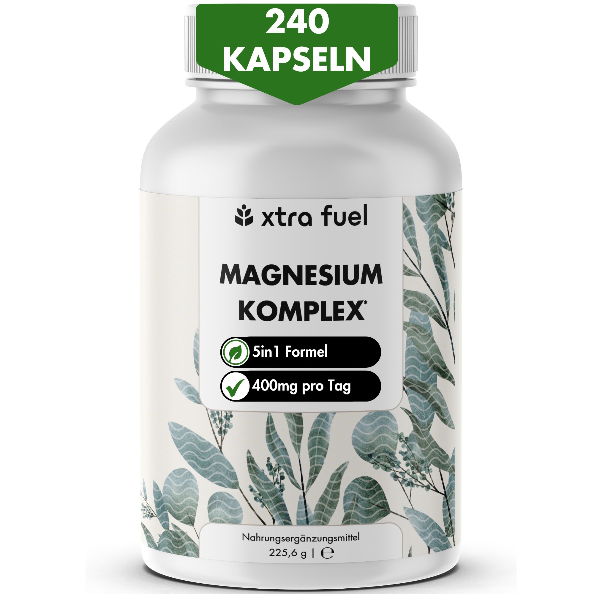 Weißes Flasche mit XTRA FUEL Magnesium Komplex. 240 Kapseln. 5in1 Formel. 400mg pro Tag.