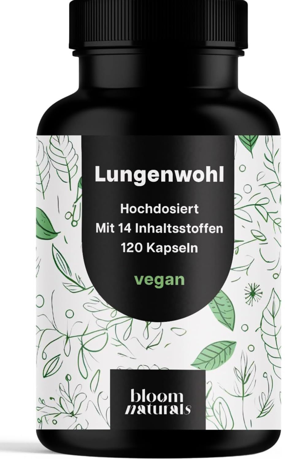Schwarze Kapsel-Dose mit weißem Etikett. Text: Lungenwohl, 120 Kapseln, vegan. Bloom Naturals Logo.