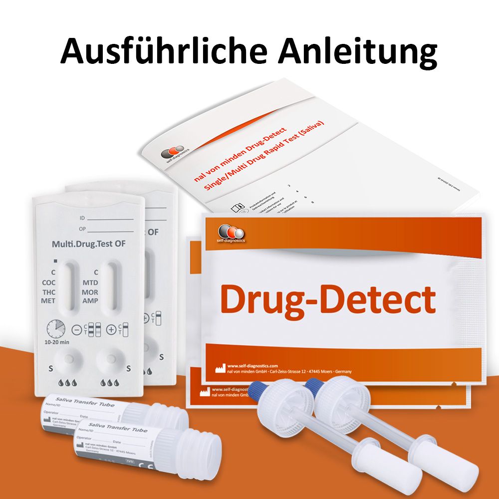 Drug-Detect-Kit mit Testkassetten, Probenröhrchen und Anweisungen. Marke: self-diagnostics.