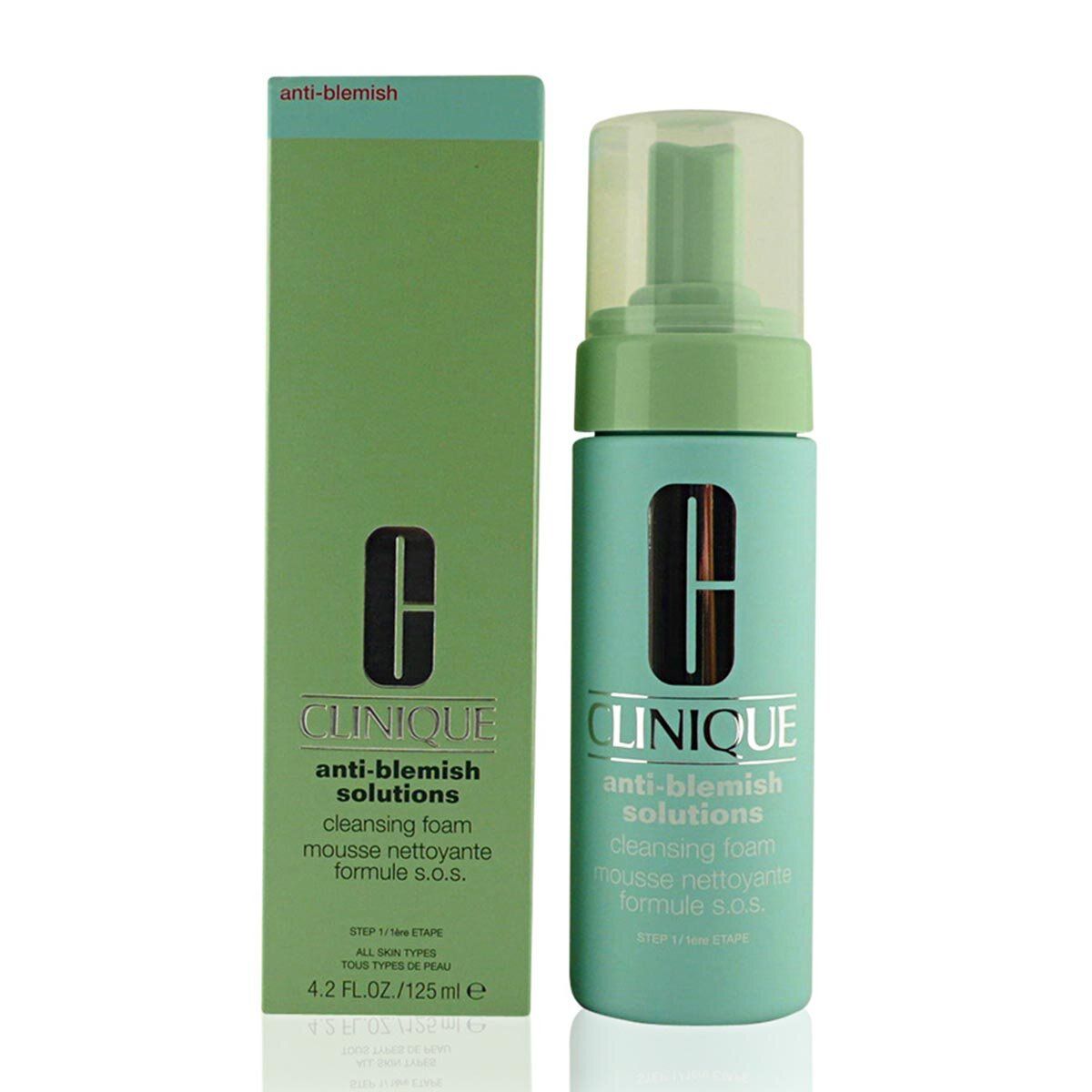 CLINIQUE Anti-Blemish Solutions Reinigungsschaum, Flasche und Verpackung. Hellgrüne Flasche mit grünem Pumpkopf.