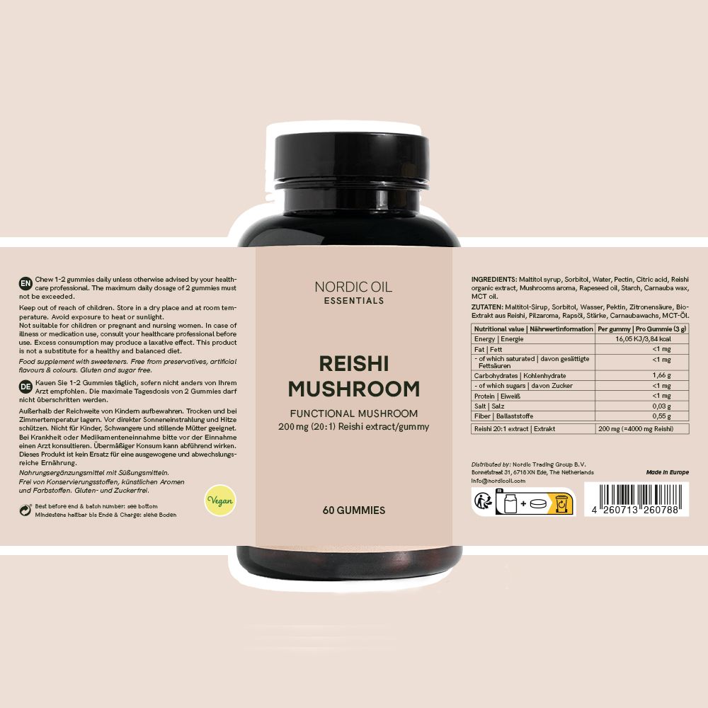Schwarze Flasche mit Etikett: Reishi Mushroom, 60 Gummies. Text: Functional Mushroom, 200 mg (20:1) Reishi extract/gummy. Vegan-Siegel.