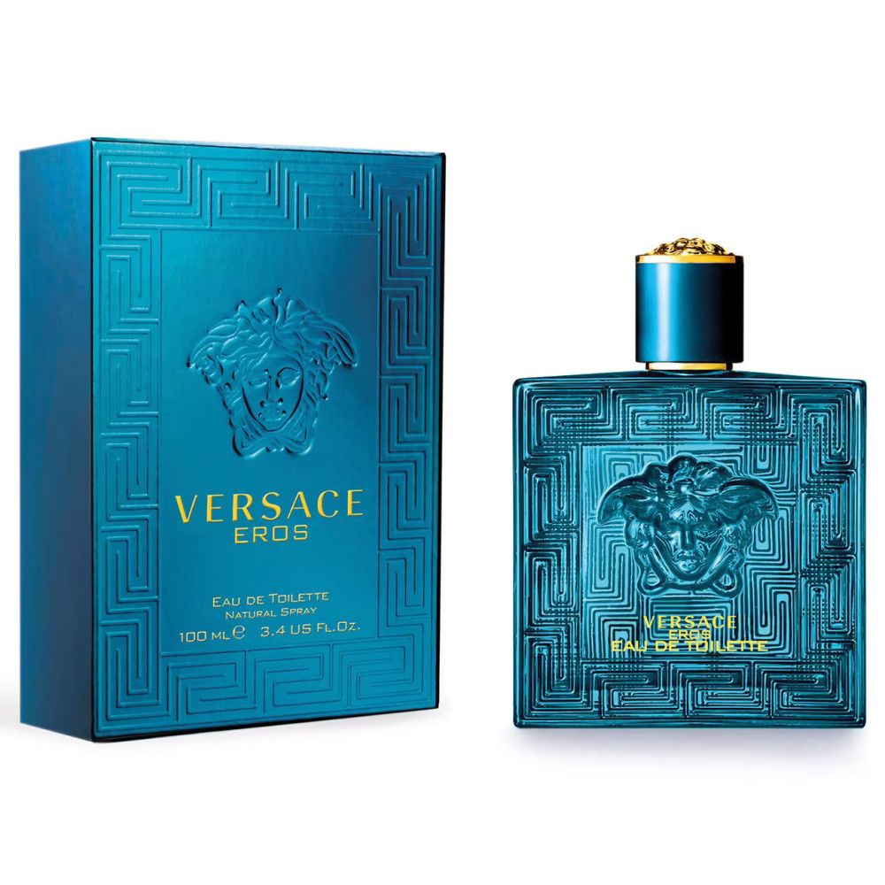 Türkisfarbener Flakon und Schachtel. Aufschrift Versace Eros. Flakon mit Reliefmuster und goldfarbenem Verschluss.