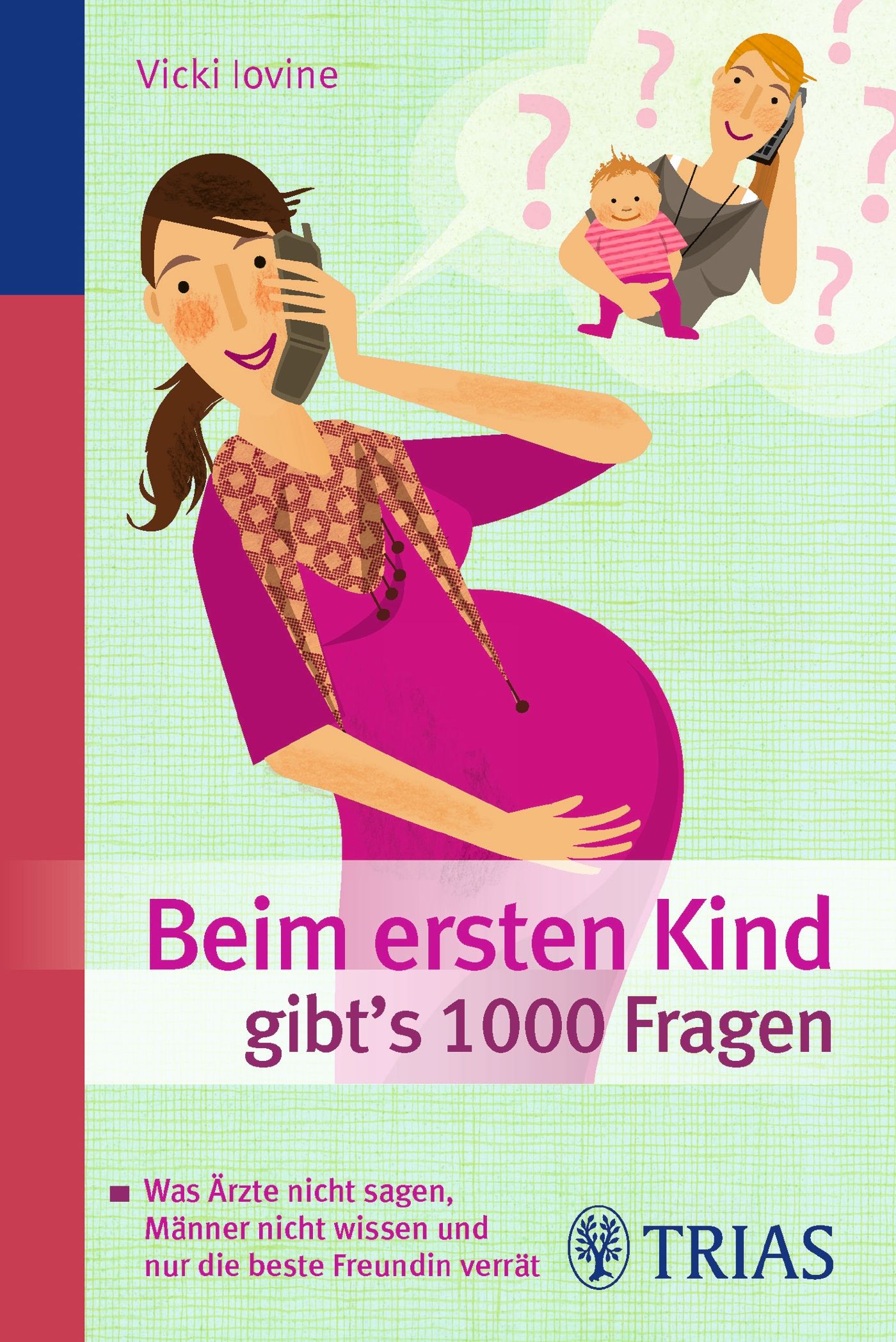 Buchcover mit Illustrationen. Schwangere Frau telefoniert, Sprechblasen mit Fragezeichen. Titel: Beim ersten Kind gibt's 1000 Fragen.