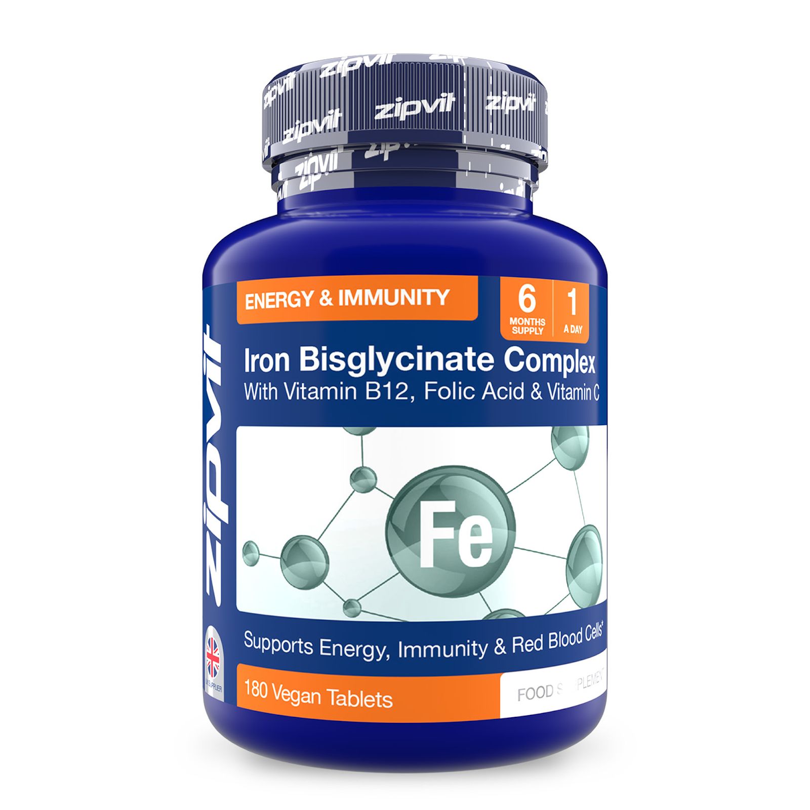 Blaue Flasche mit Tabletten. Aufschrift: Iron Bisglycinate Complex. 180 Vegan Tabletten. 6 Monate Vorrat. Energie & Immunität.