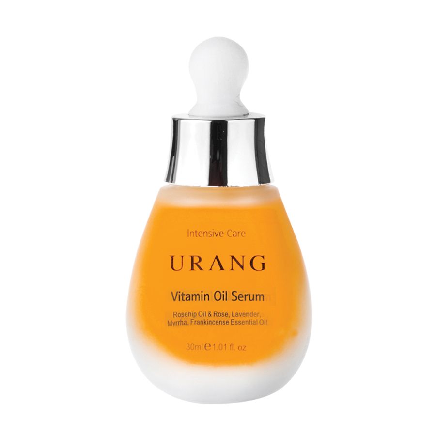 Flacone di vetro giallo con tappo bianco e collo argentato. Scritta: URANG Vitamin Oil Serum.