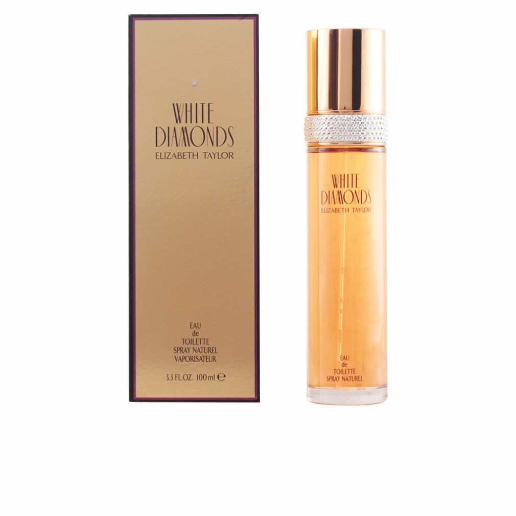 White Diamonds Eau de Toilette Flakon und Schachtel. Goldfarbener Deckel, silberner Ring, Schriftzug. Schachtel.