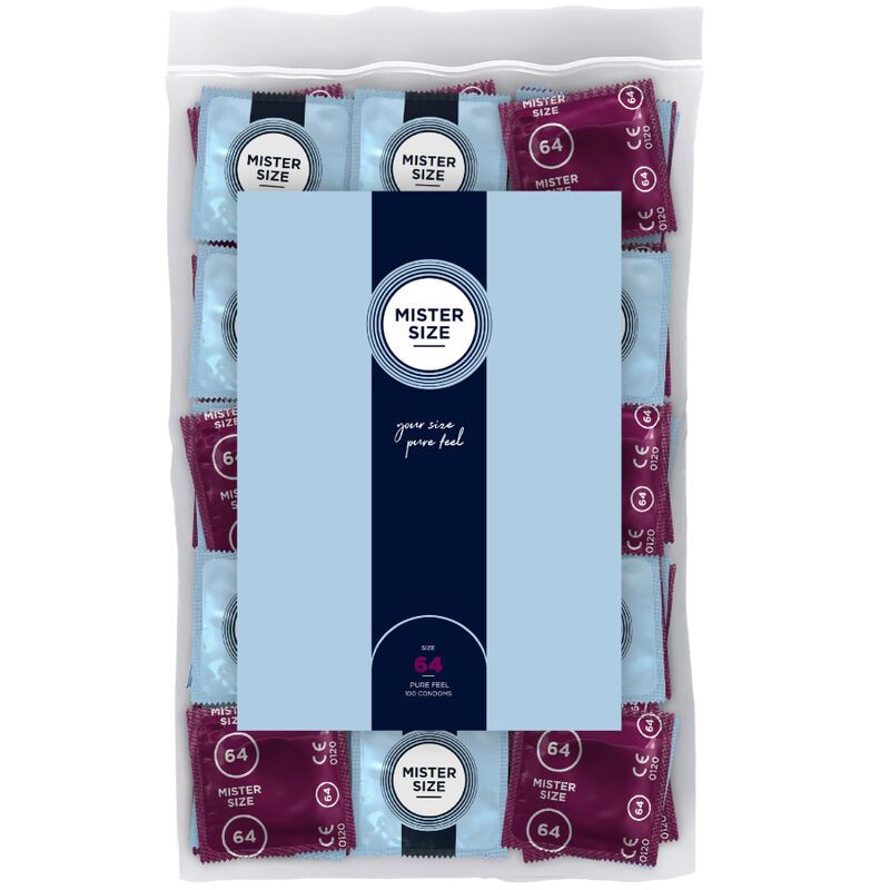 Verpackung mit Kondomen. Einzelne Kondome in Blau und Lila. Aufdruck: Mister Size, 64.