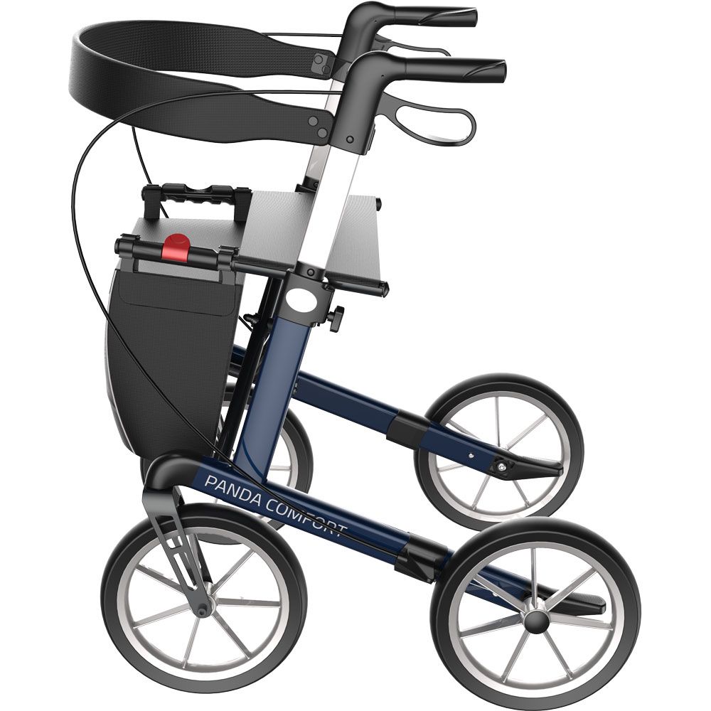 Blauer Rollator mit vier Rädern, schwarzem Sitz und Griffen. "PANDA COMFORT" Schriftzug.