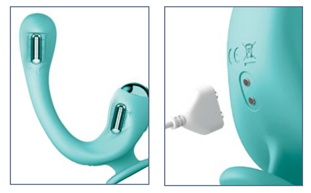 Türkisfarbener Vibrator mit Ladeanschluss und Detailansicht der Spitze.