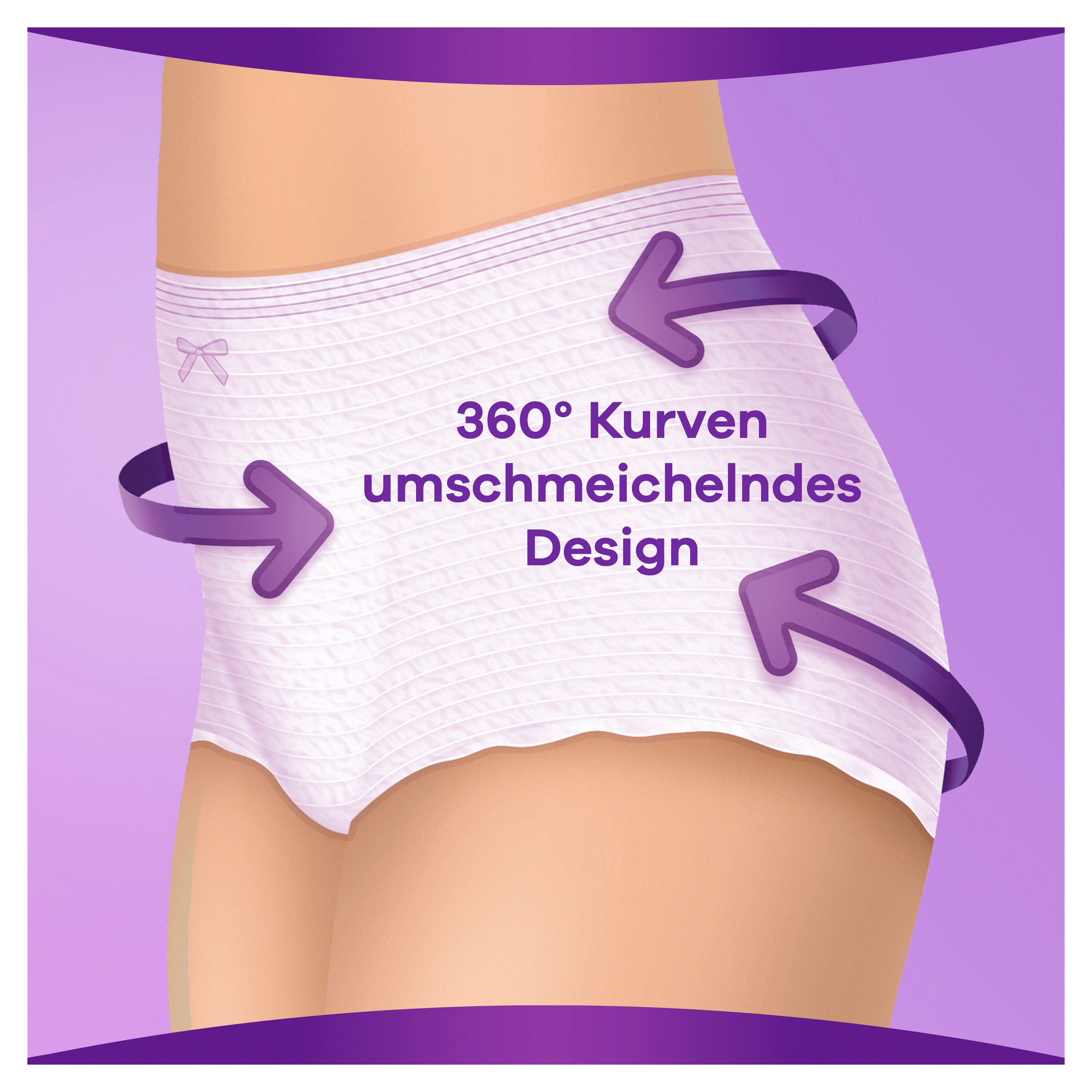 Weißes Inkontinenz-Höschen. 360° Kurven umschmeichelndes Design. Lila Pfeile um das Höschen.