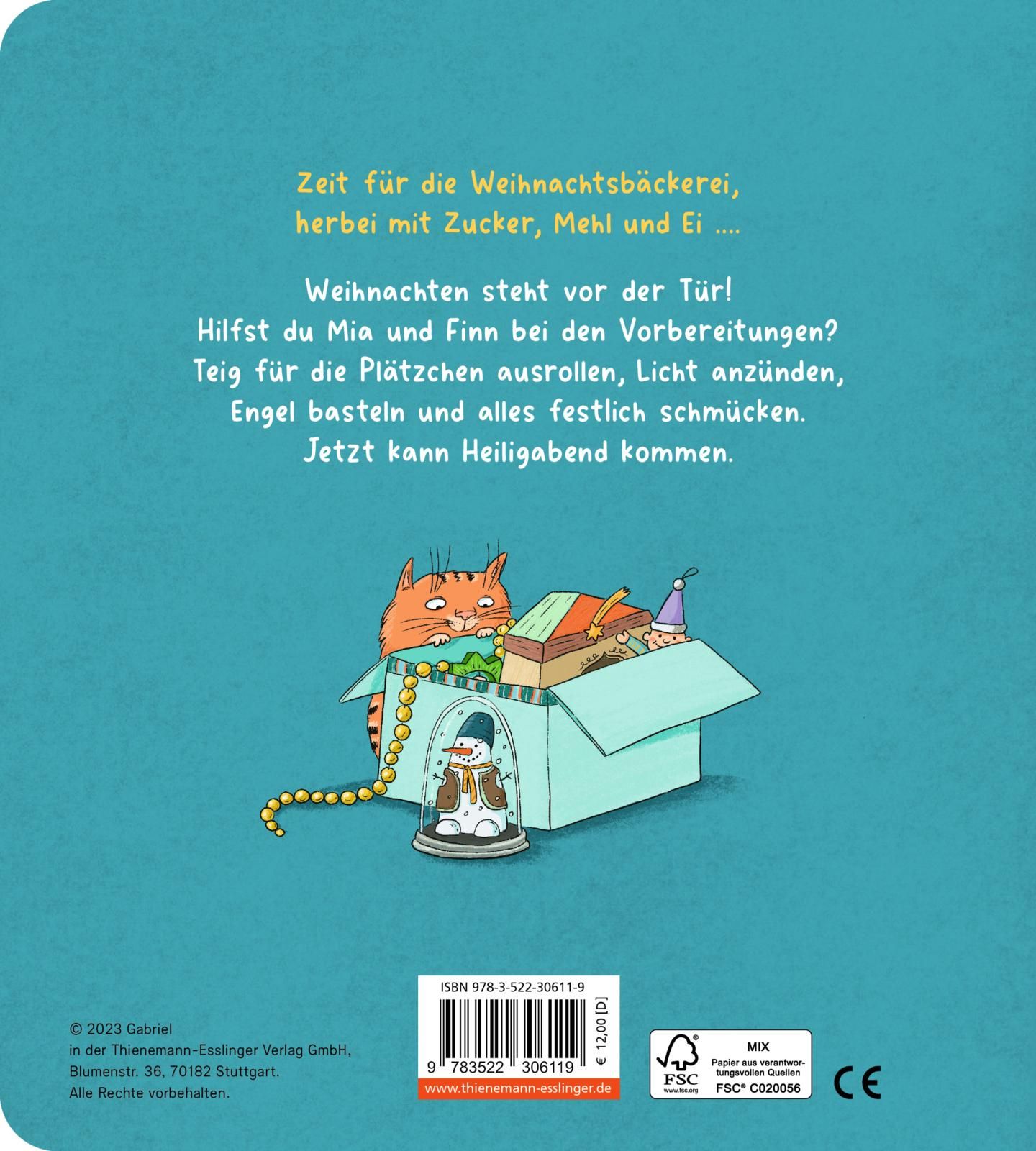 Rückseite des Buches "Weihnachten mit Mia und Finn". Text und Illustrationen. ISBN, Preis und Verlagslogo sichtbar.