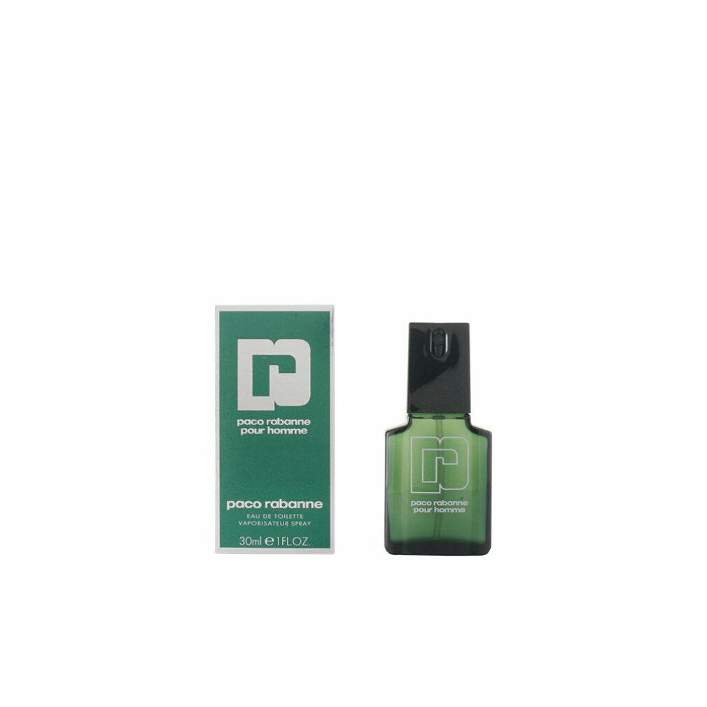 Paco Rabanne Pour Homme Eau de Toilette und Verpackung. Grün mit weißem Logo und Text.
