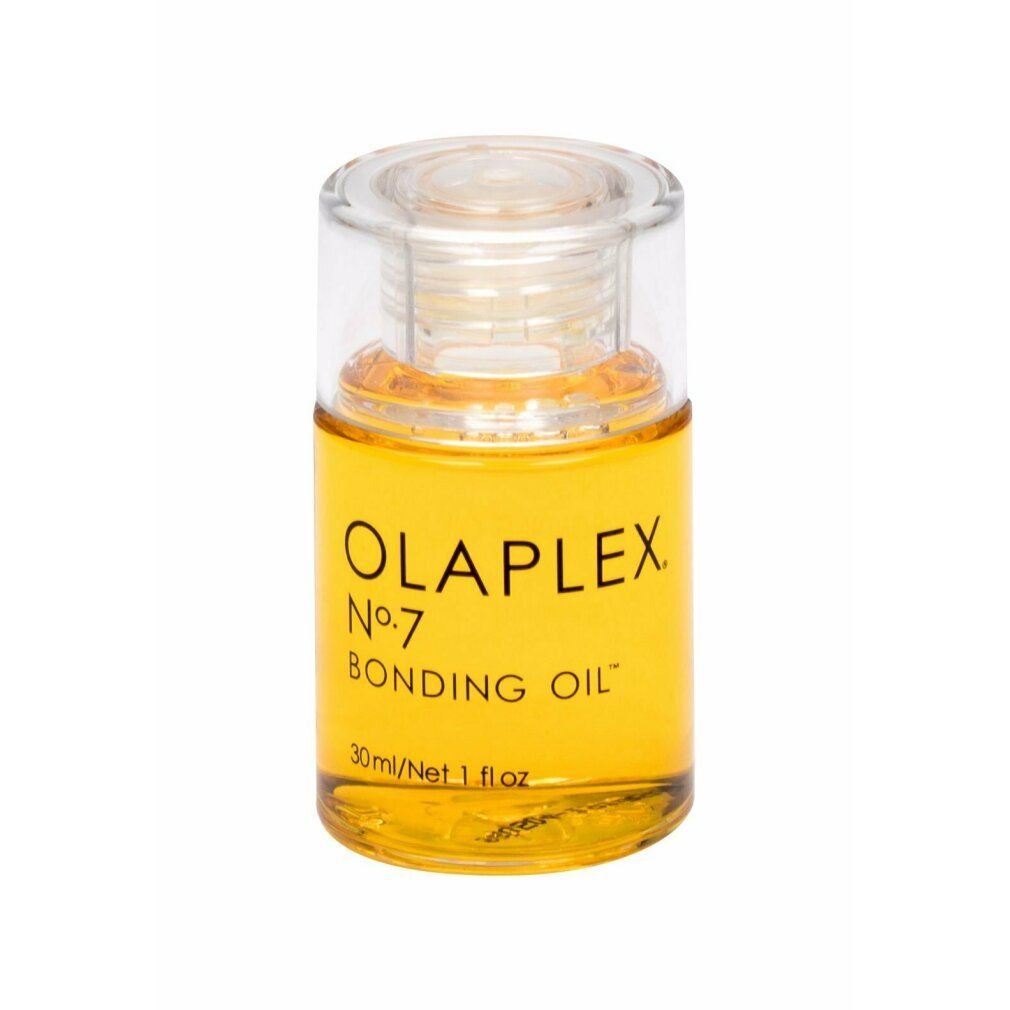 Olaplex No. 7 Bonding Oil in einem kleinen Glasfläschchen mit klarem Deckel. Gelbes Öl ist sichtbar.