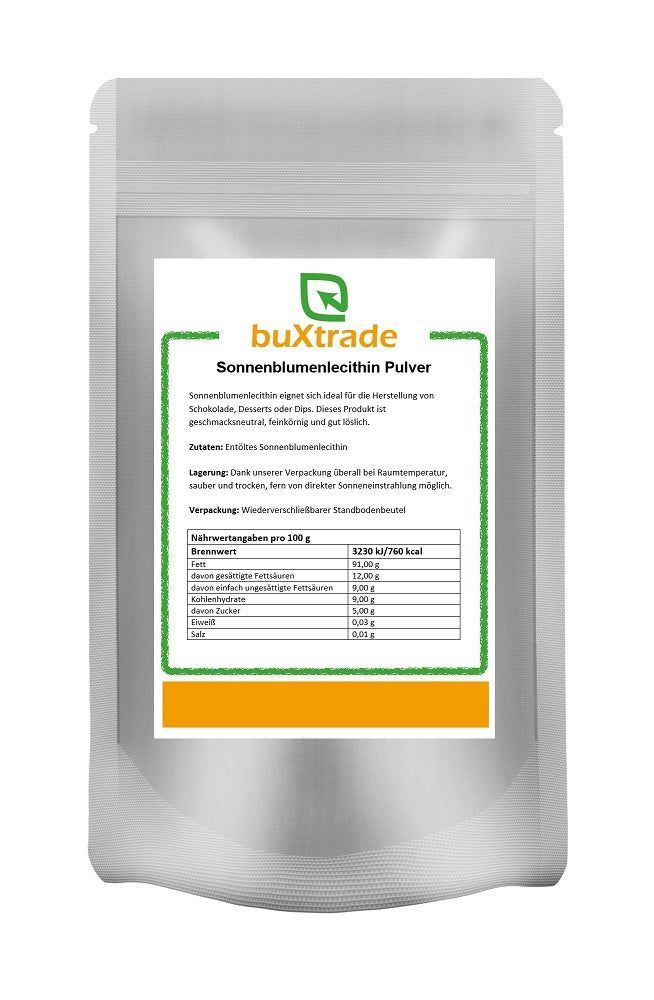 Beutel mit Produktetikett. Text: buXtrade Sonnenblumenlecithin Pulver. Nährwertangaben. Grün-weißes Design.