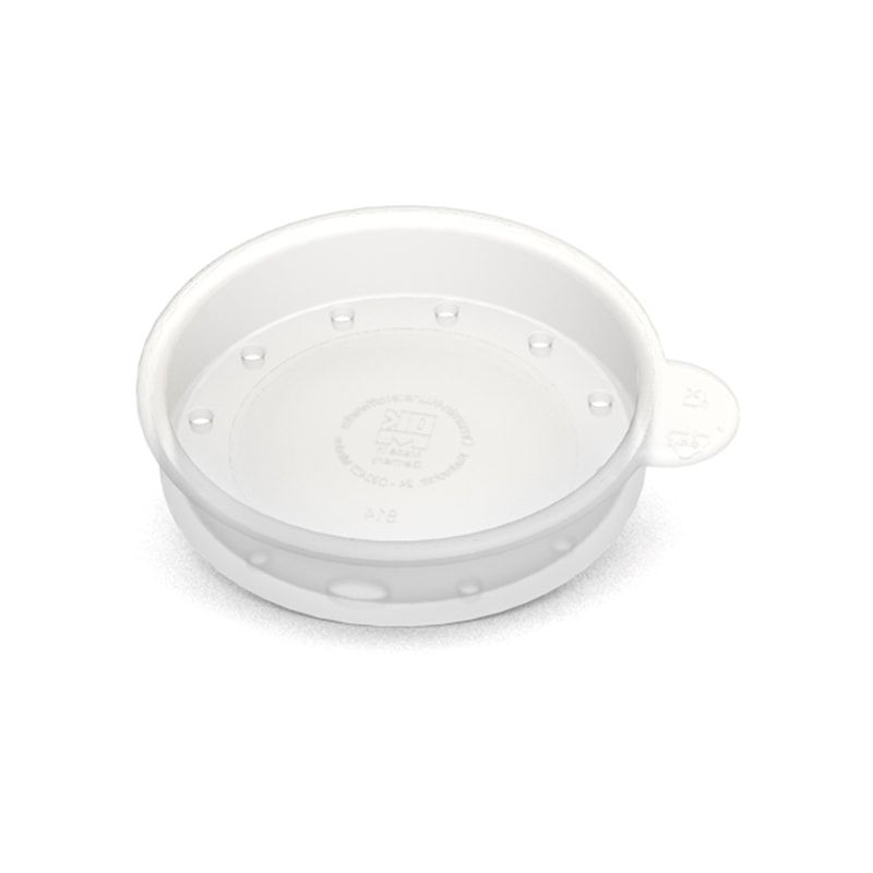 Weißer Trinkaufsatz mit kleinem Henkel. Runde Form. Für Becher mit Trink-Trick. Mit Öffnungen.