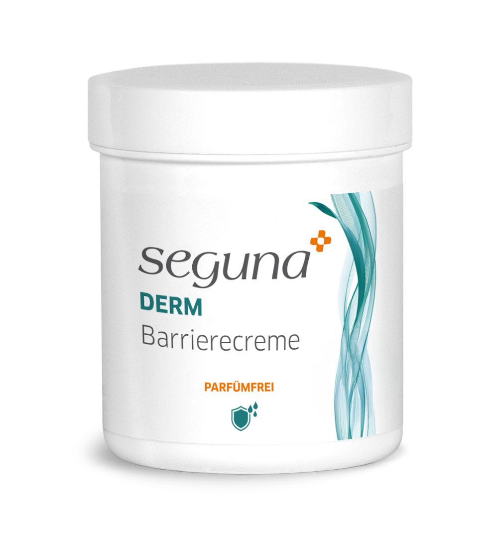 Weißer Tiegel mit Deckel. Aufschrift: Seguna Derm Barrierecreme. Zusatz: PARFUMFREI. Abbildung: Schild mit Tropfen.