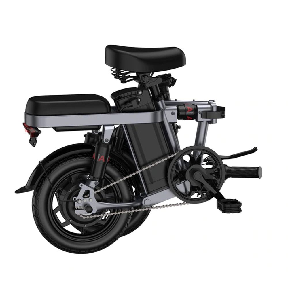 Gefaltetes E-Bike in Seitenansicht. Schwarze Reifen, grauer Rahmen, schwarzer Sattel.