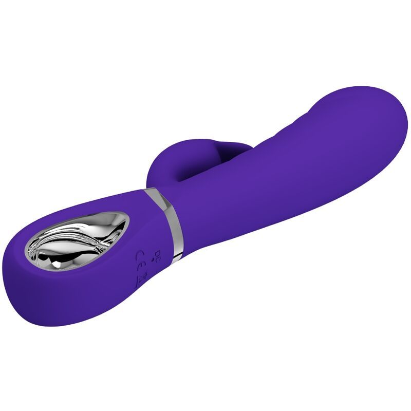 Lila Vibrator mit gebogener Form. Mit G-Punkt-Stimulator und drei Knöpfen.