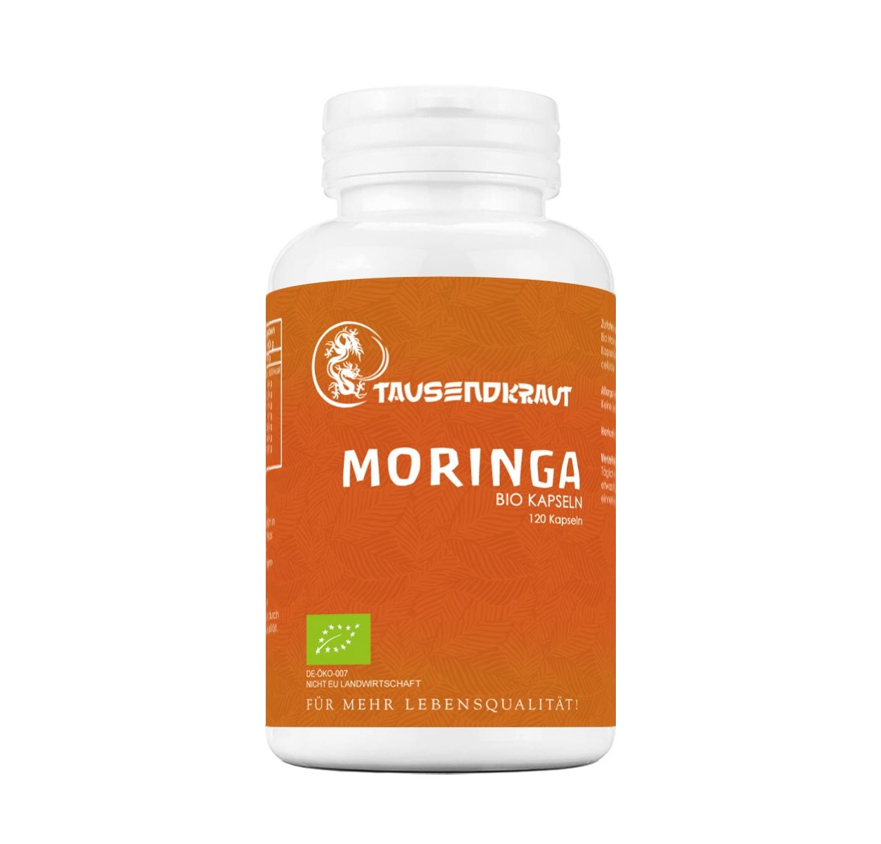 Weiße Flasche mit orangefarbenem Etikett. Aufschrift: MORINGA BIO Kapseln, 120 Kapseln. Logo und Bio-Siegel.