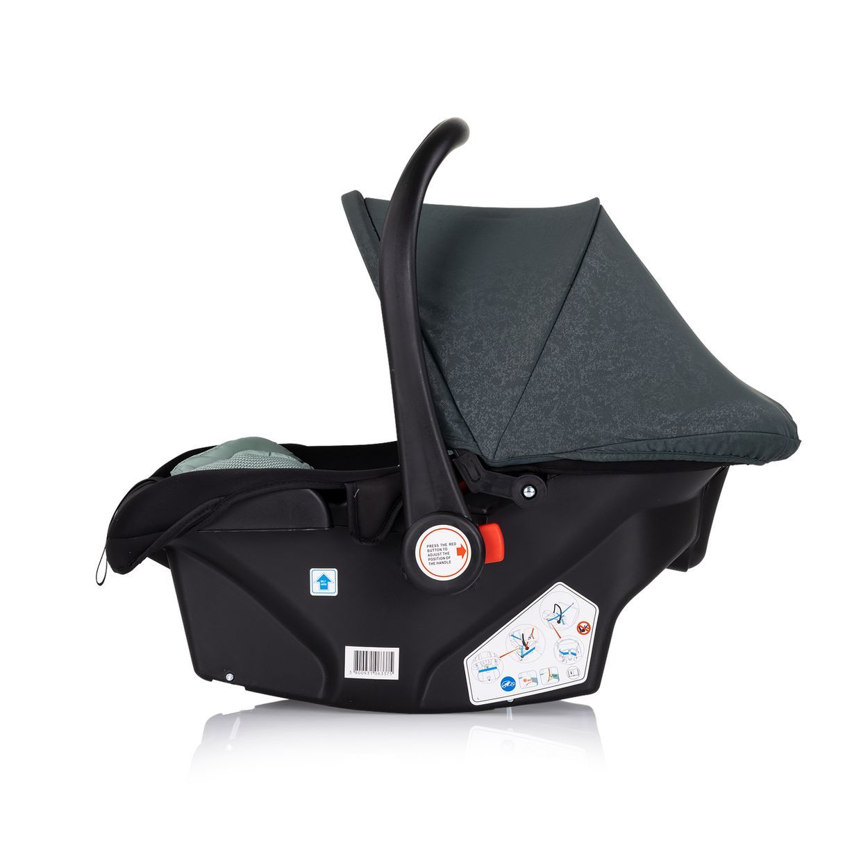 Graue Babyschale mit verstellbarem Griff und Verdeck.