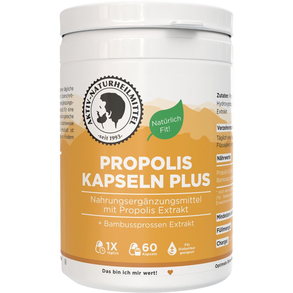 Weißes Behältnis mit Aufschrift PROPOLIS KAPSELN PLUS. Enthält 60 Kapseln. Mit Logo und dem Schriftzug "Natürlich Fit!".