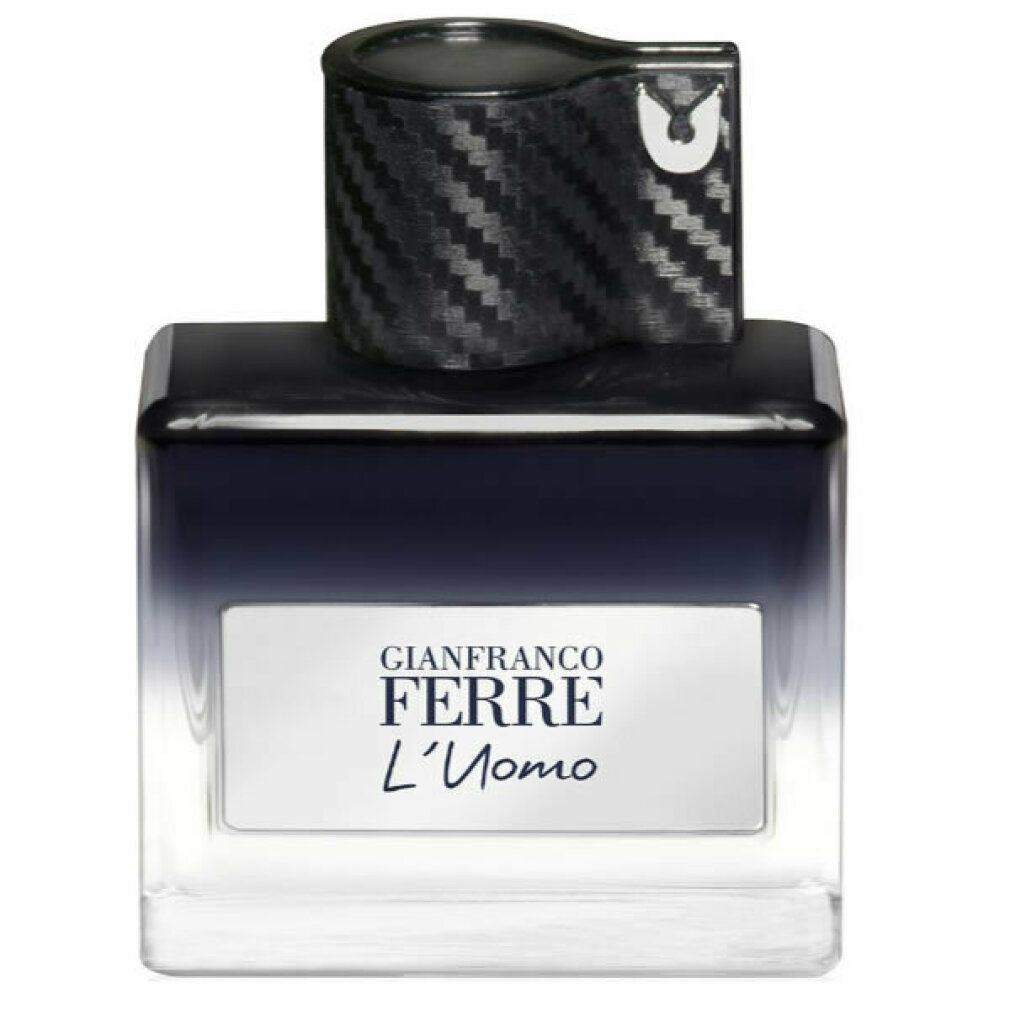 Flasche Gianfranco Ferre L'Uomo, rechteckig, Farbverlauf transparent/dunkelblau. Schwarzer Deckel mit Logo.