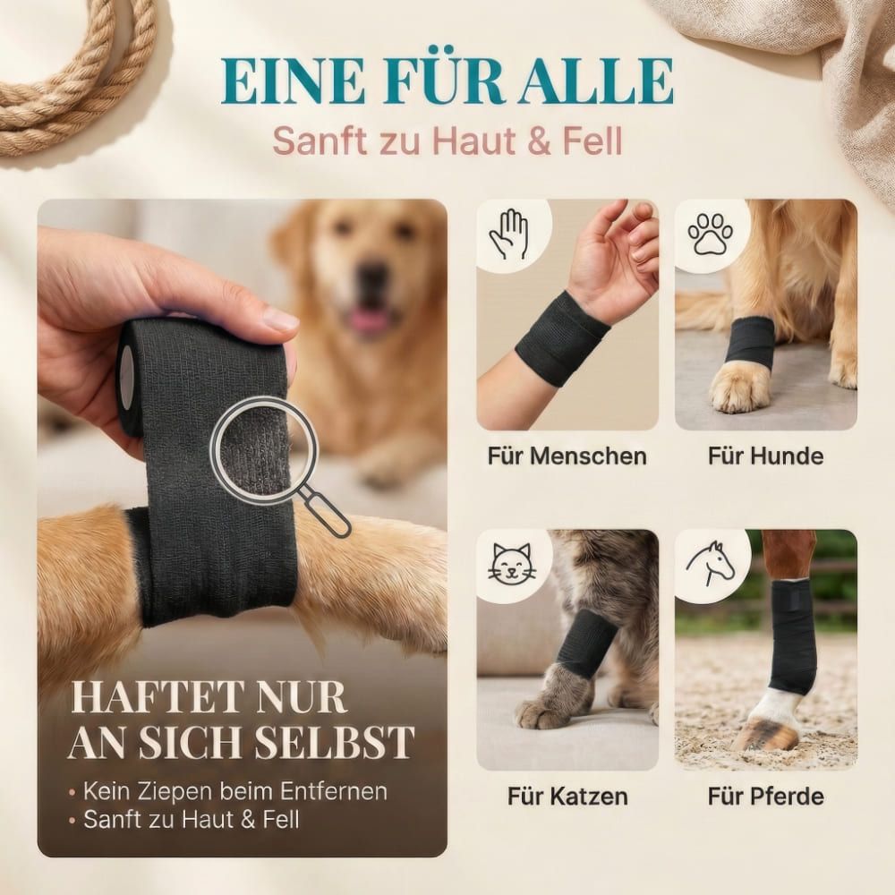 Bandage wird an Mensch, Hund, Katze und Pferd gezeigt. Text: EINE FÜR ALLE, Haftet nur an sich selbst.