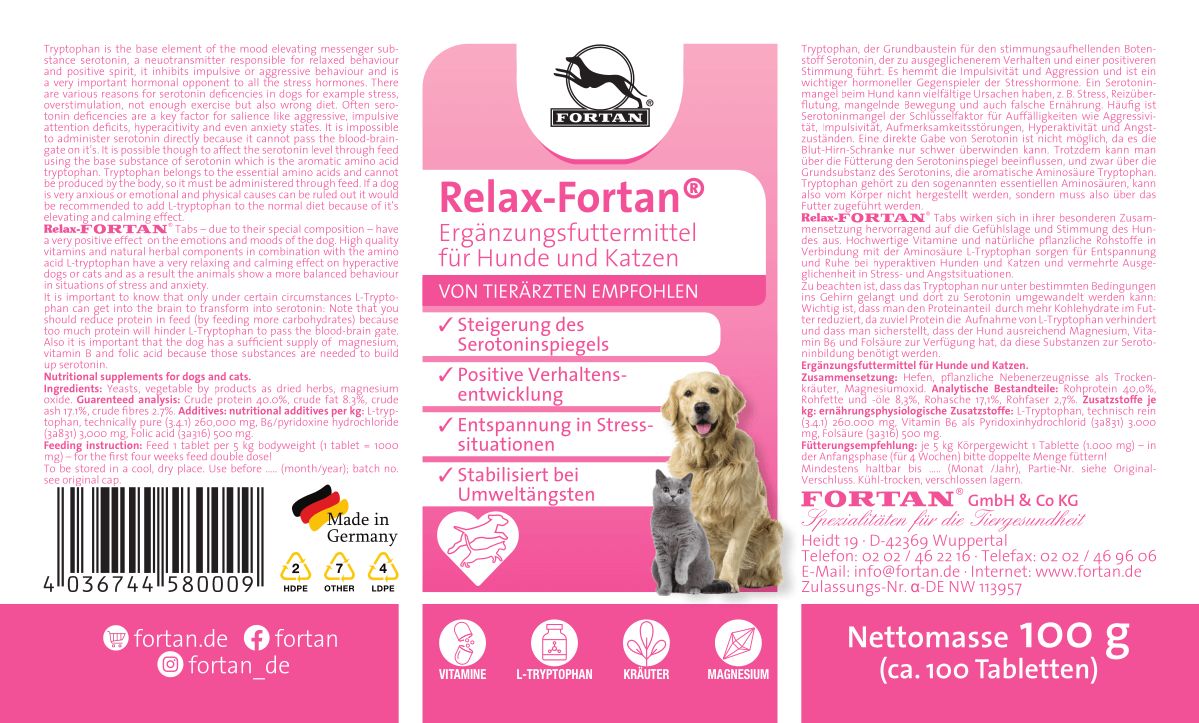 Produktetikett mit Produktname, Logo, Inhaltsangaben und Abbildung von Hund und Katze. Empfohlen von Tierärzten. Mit Qualitätszeichen.