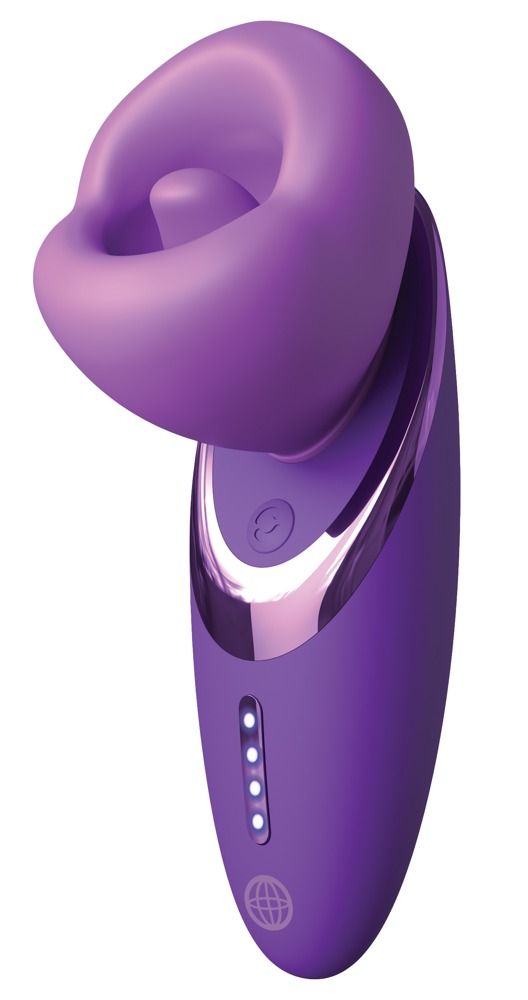 Lila Pleasure Sucker. Runde Form mit Öffnung. Ladeanzeige und Globus-Symbol. Glänzende silberne Akzente.