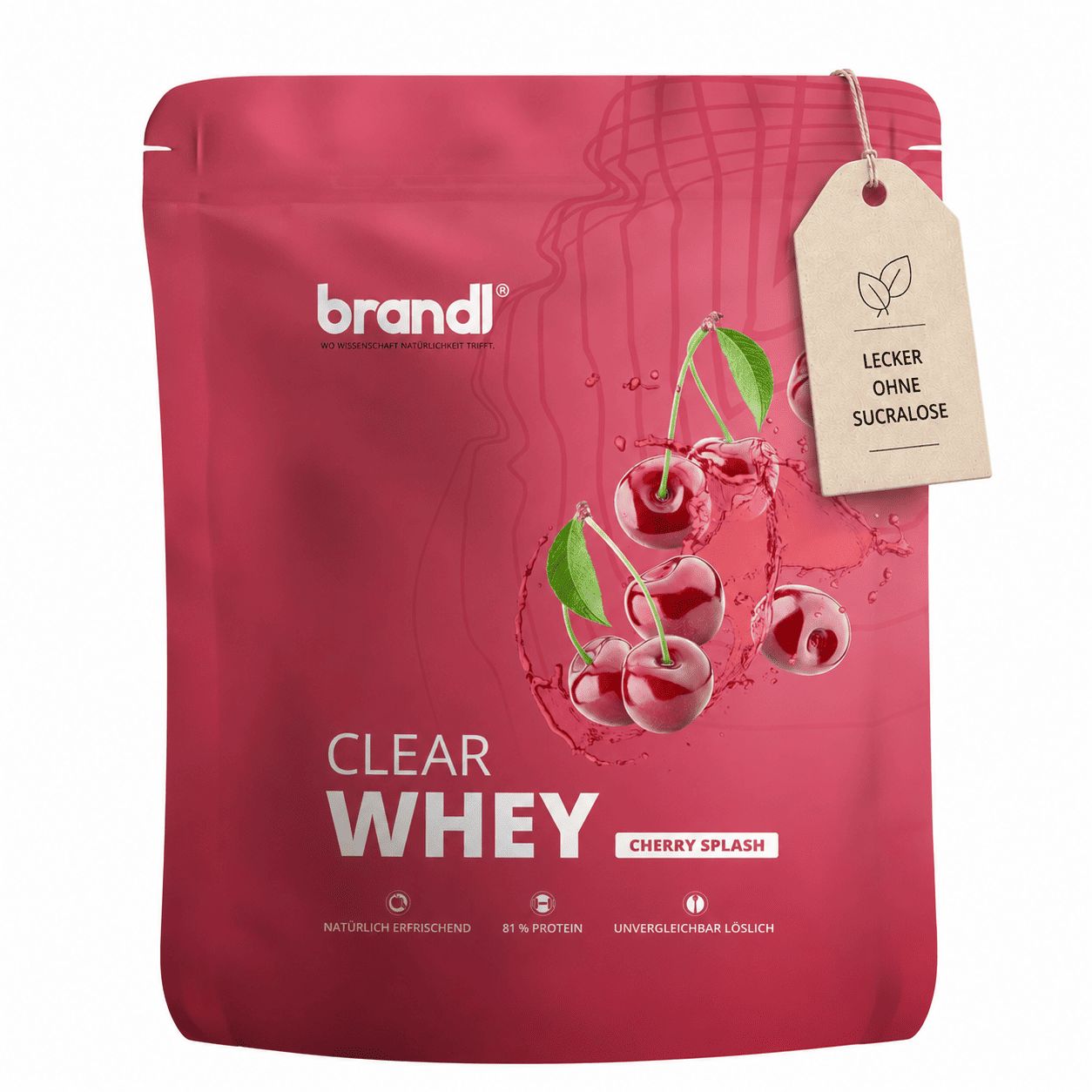 Rote Verpackung mit Kirsch-Splash-Motiv. Text: CLEAR WHEY, Cherry Splash. Etikett: lecker ohne Sucralose. 87% Protein.