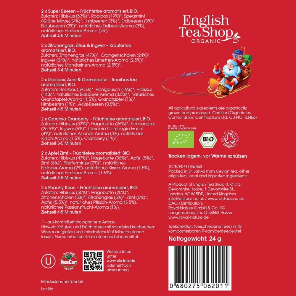 Rückseite der Geschenkbox. Text: Zutaten, Zubereitung, Nährwertangaben. Logo: English Tea Shop, Bio-Siegel, EU-Bio-Logo.