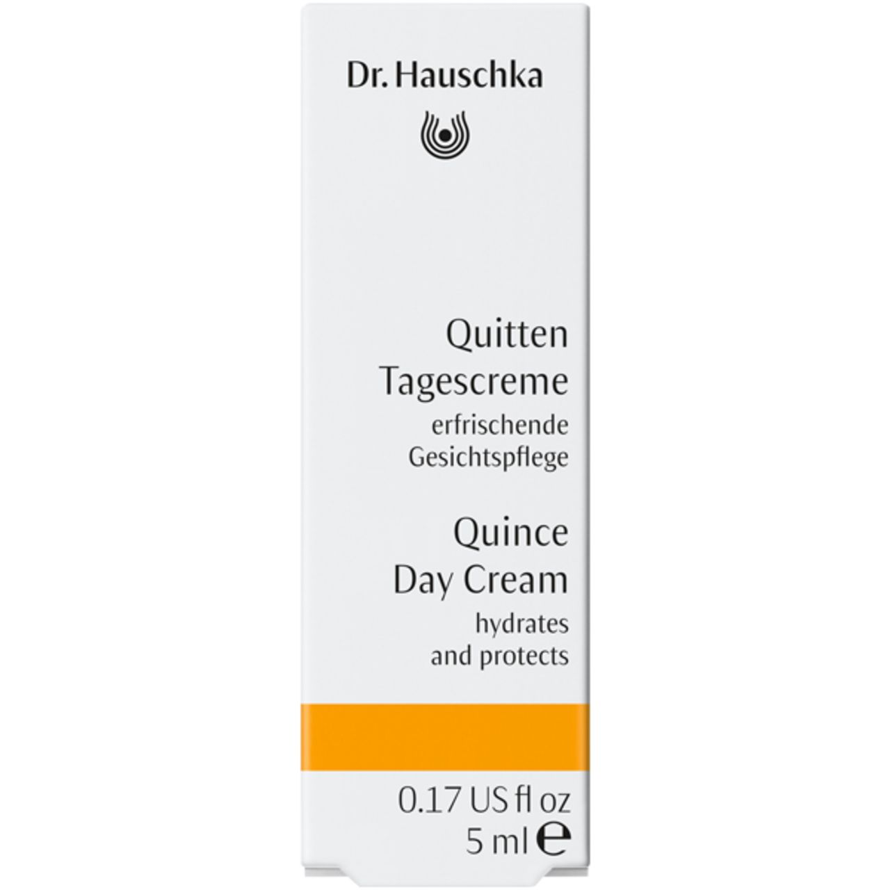 Kartonverpackung. Beschriftung: Dr. Hauschka, Quitten Tagescreme, Quince Day Cream, 0.17 US fl oz, 5 ml.