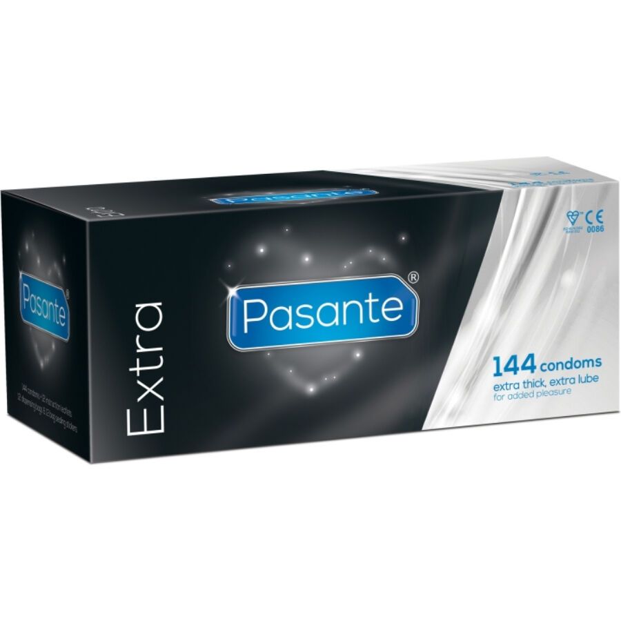 Packung mit 144 Pasante Extra Kondomen, extra dick und extra geschmiert.