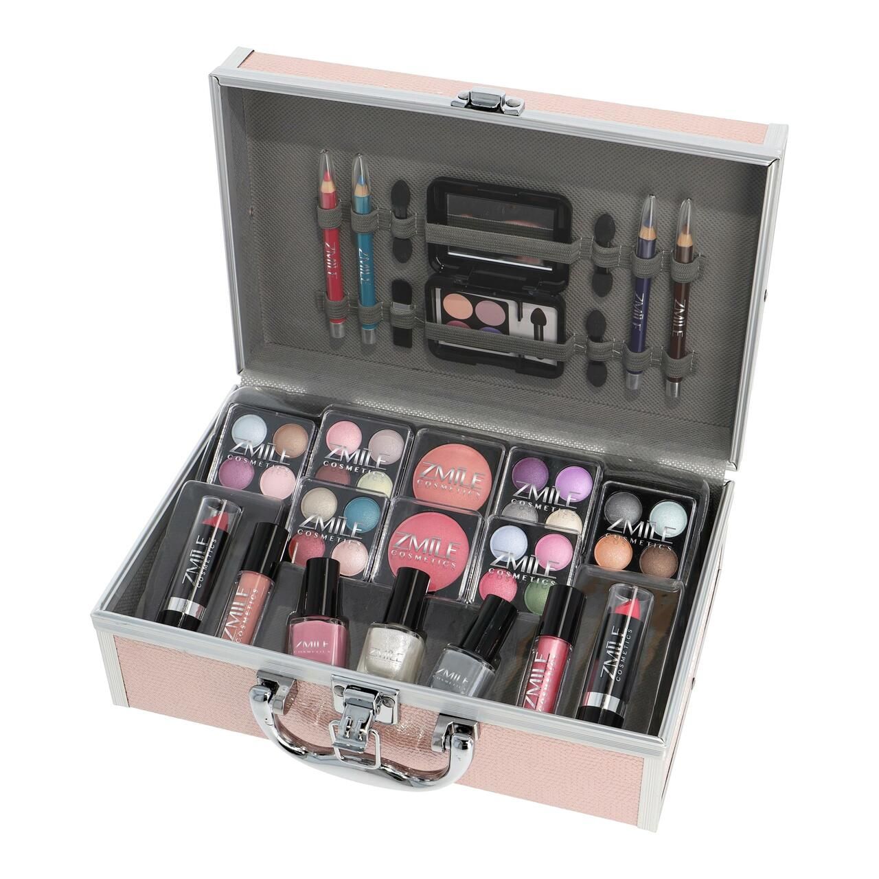 Kosmetik-Koffer, geöffnet, mit Make-up-Produkten. Enthält Lidschatten, Lippenstifte, Nagellacke und Stifte. Marke ZMILE Cosmetics.