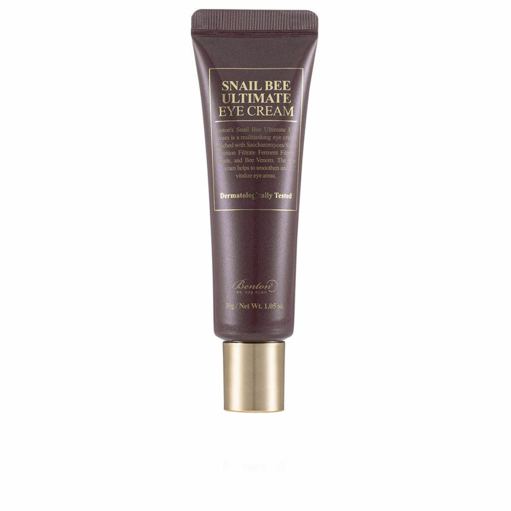 Braune Tube mit goldfarbenem Deckel. Aufschrift: Snail Bee Ultimate Eye Cream. Text: Dermatologisch getestet. Marke Benton.