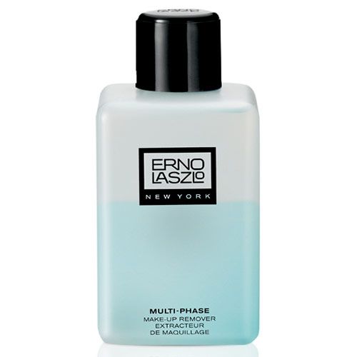 Eine rechteckige Flasche mit schwarzem Deckel. Auf dem Etikett steht "Erno Laszlo New York" und "Multi-Phase Make-up Remover".