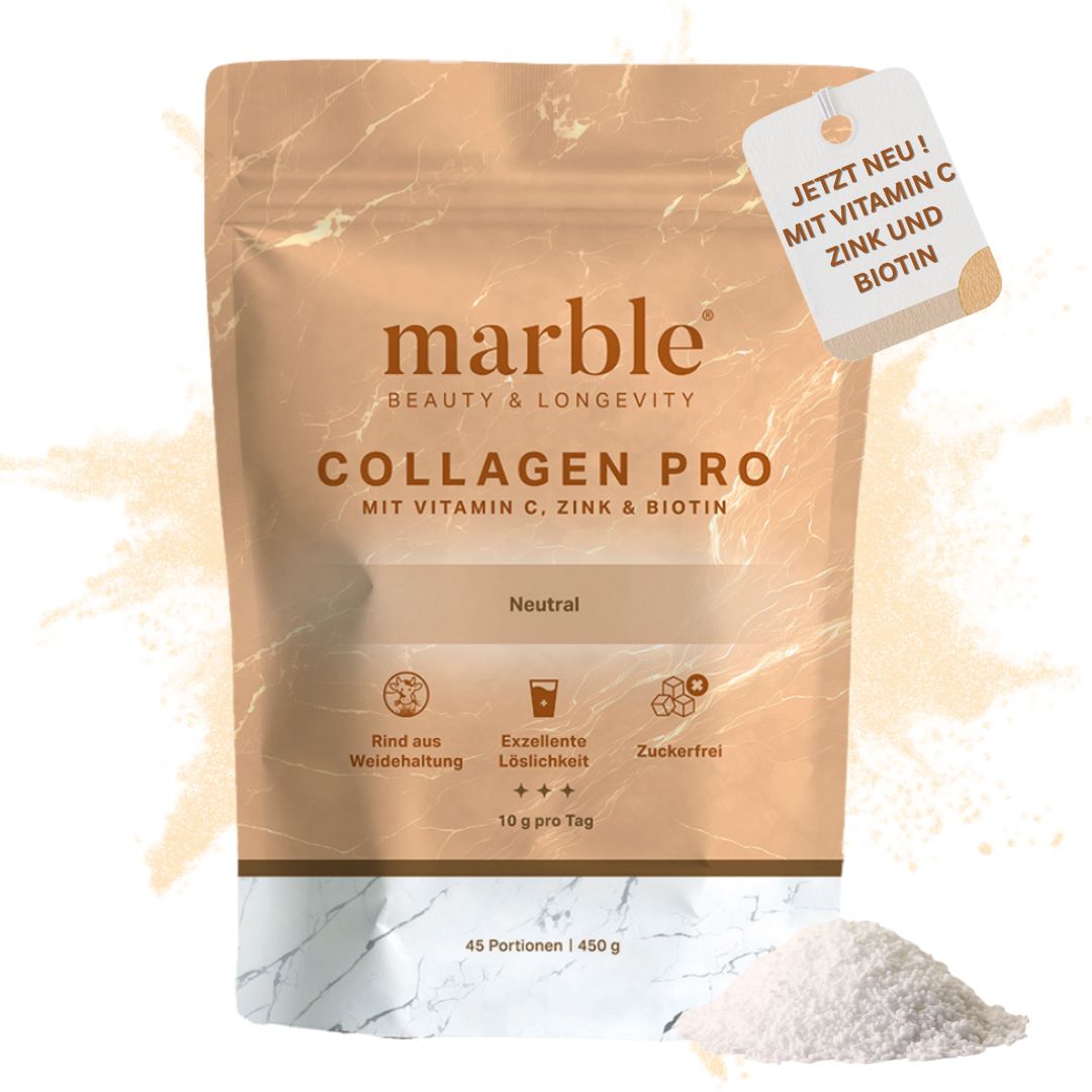 marble© Collagen Pro Verpackung mit Zusatzinformationen: Vitamin C, Zink und Biotin. Pulver daneben.