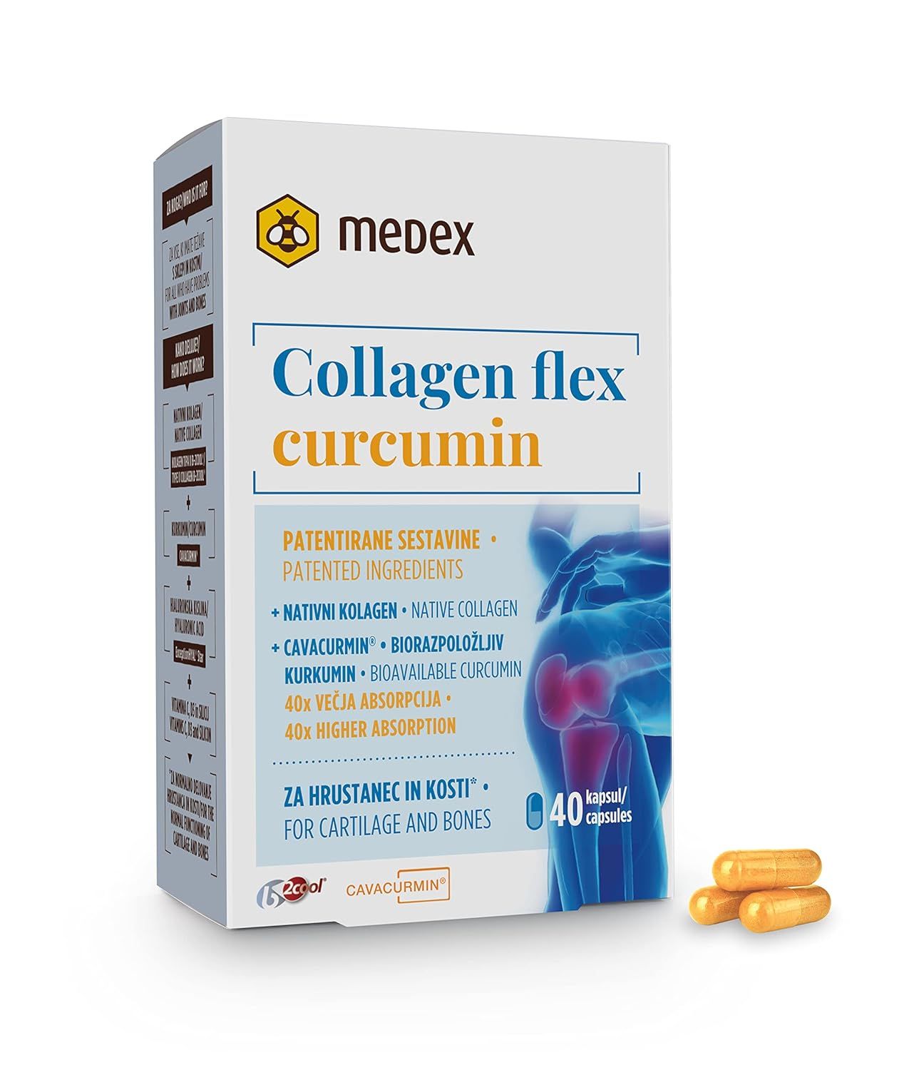 Produktverpackung von Medex Collagen Flex Curcumin. Enthält 40 Kapseln. Blaue und weiße Verpackung mit Produktinformationen.