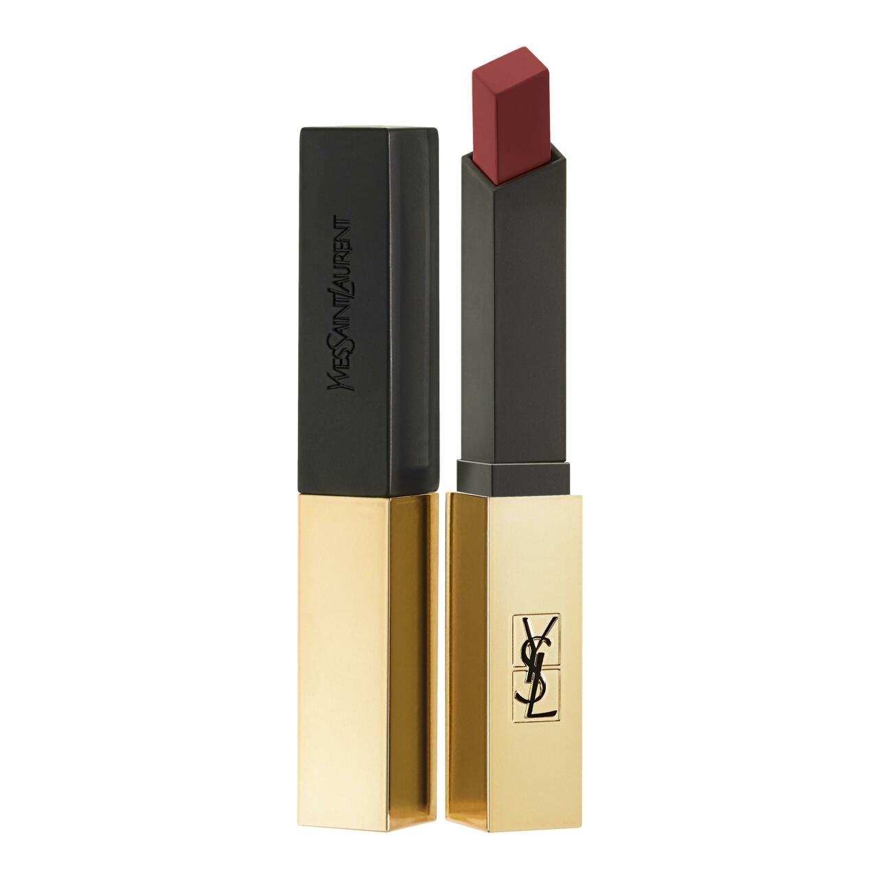 Goldfarbener Lippenstift mit schwarzer Kappe. Aufschrift: Yves Saint Laurent. Roter Lippenstift.