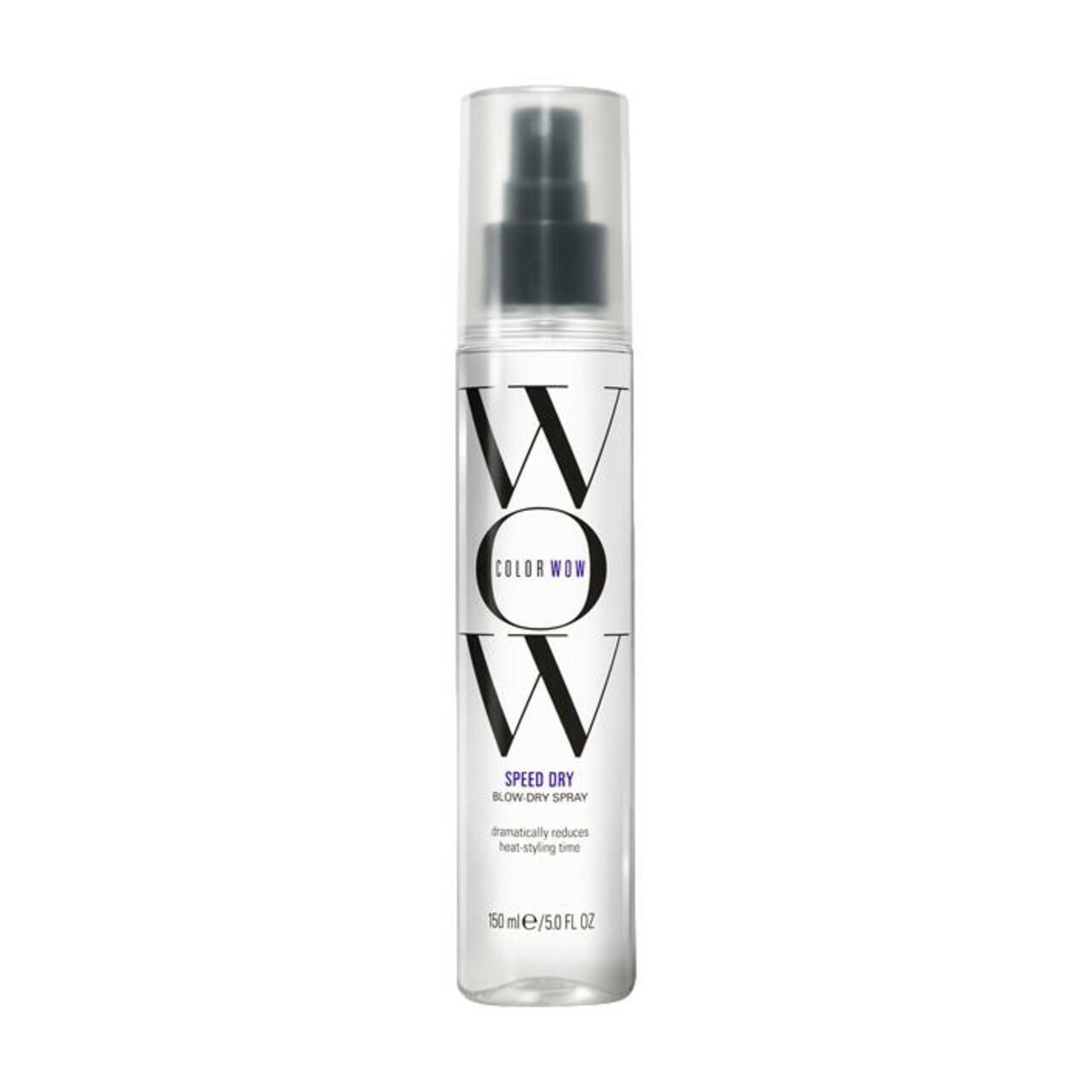 Transparente Flasche mit schwarzem Sprühkopf. Aufschrift "WOW" und "SPEED DRY".