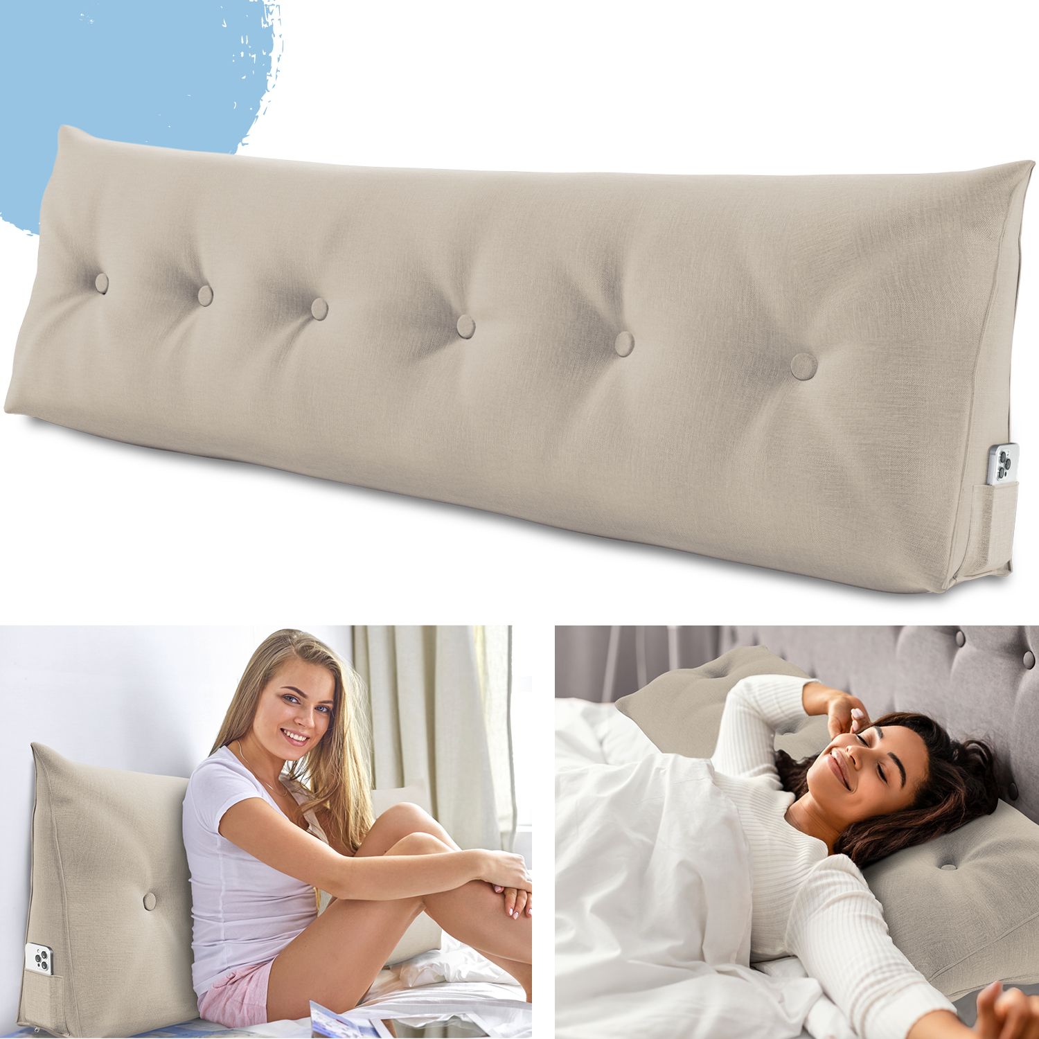 Beiges Stützkissen mit Knöpfen. Zwei Frauen sitzen und liegen auf Betten. Ein Kissen mit Knöpfen und ein Kissen ohne Knöpfe.