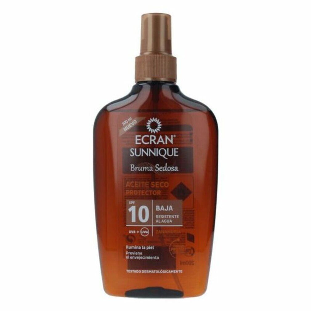 ECRAN SUNNIQUE Bräunungsöl Spray LSF 10. Braune Flasche mit Sprühkopf. Text: Bruma Sedosa, aceite seco protector, SPF 10.