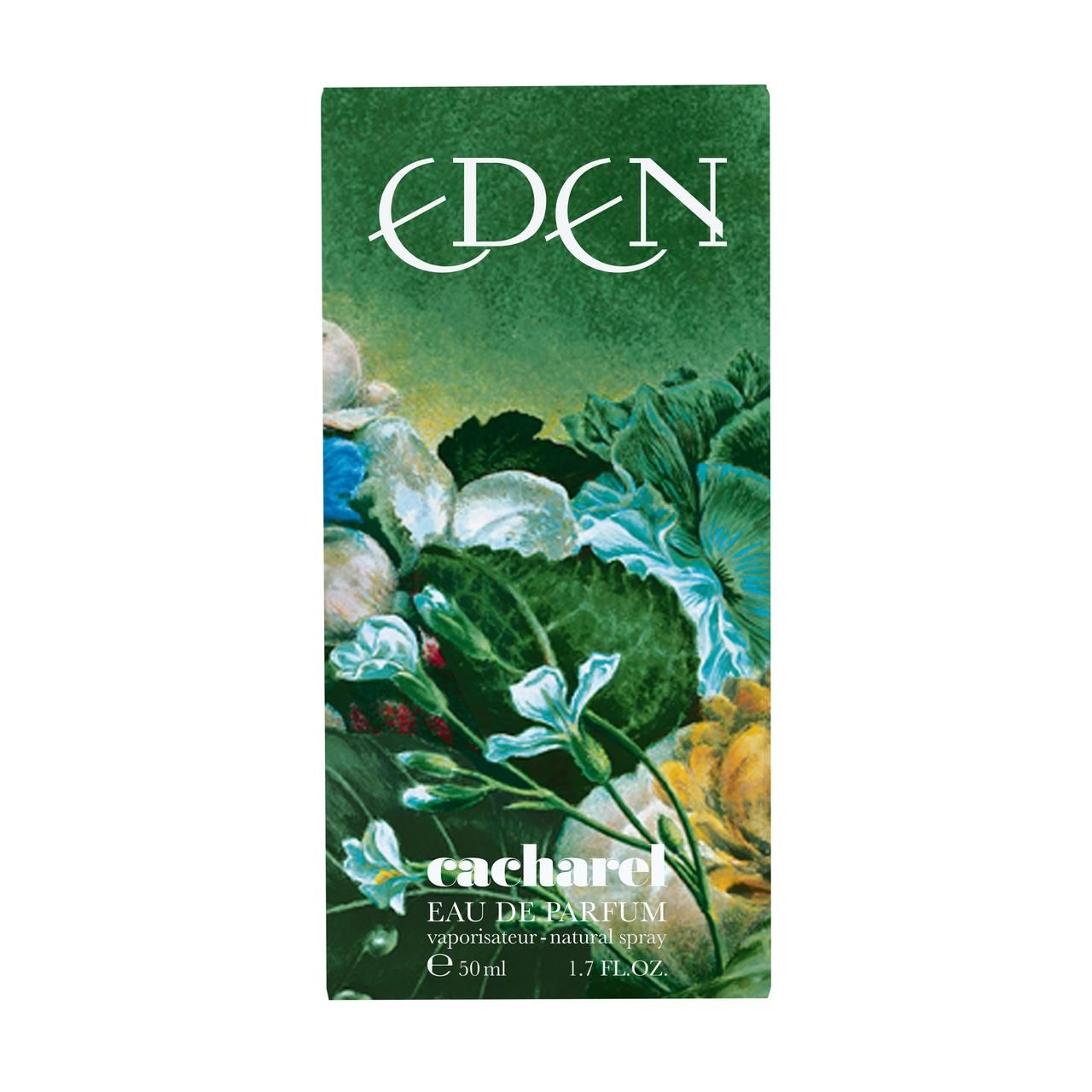 Schachtel mit Text: EDEN, cacharel. Grün mit Blumenmuster. 1.7 FL.OZ.