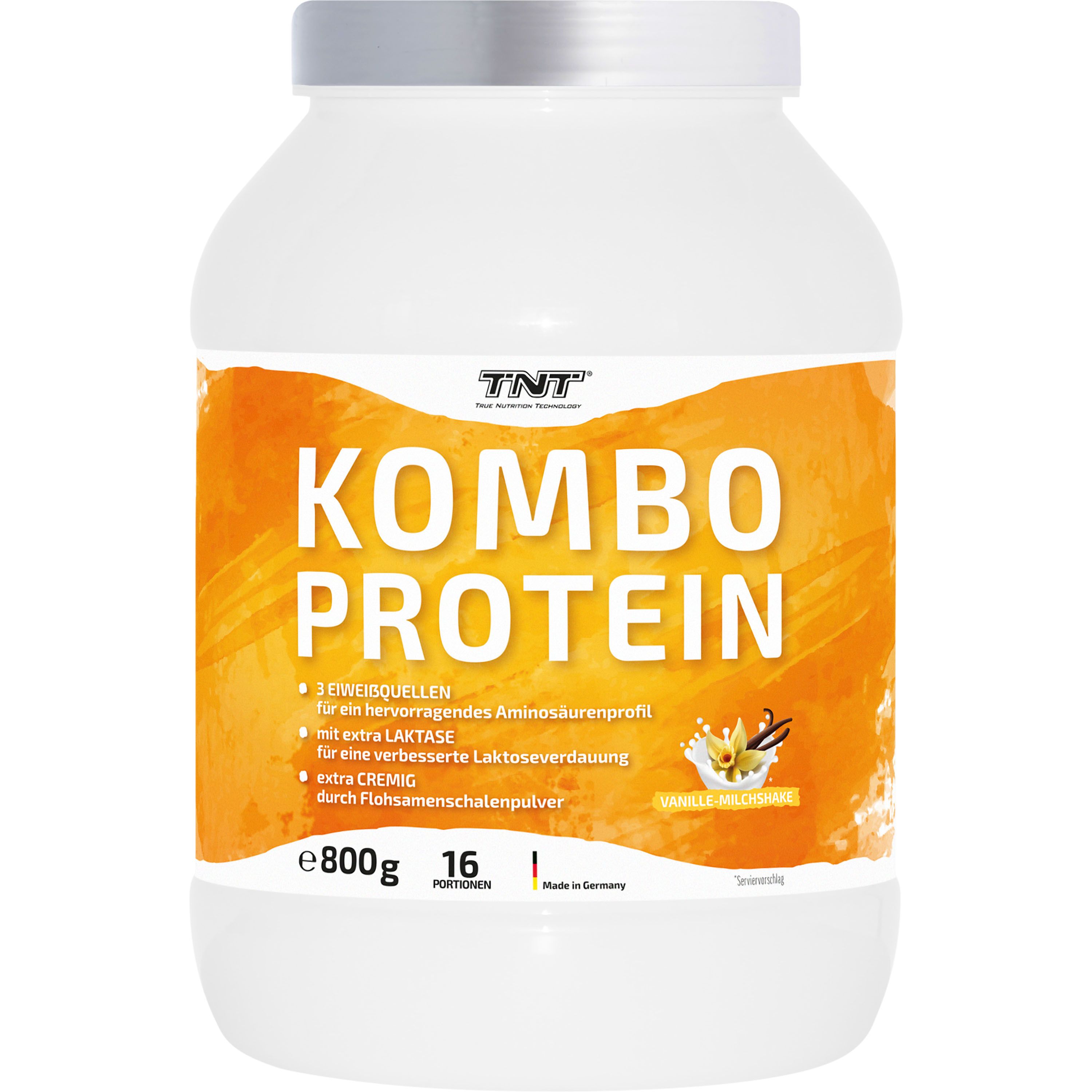 Weißer Behälter mit TNT Kombo Protein. Orangefarbener Aufkleber mit Produktinformationen und Vanille-Milchshake-Abbildung.