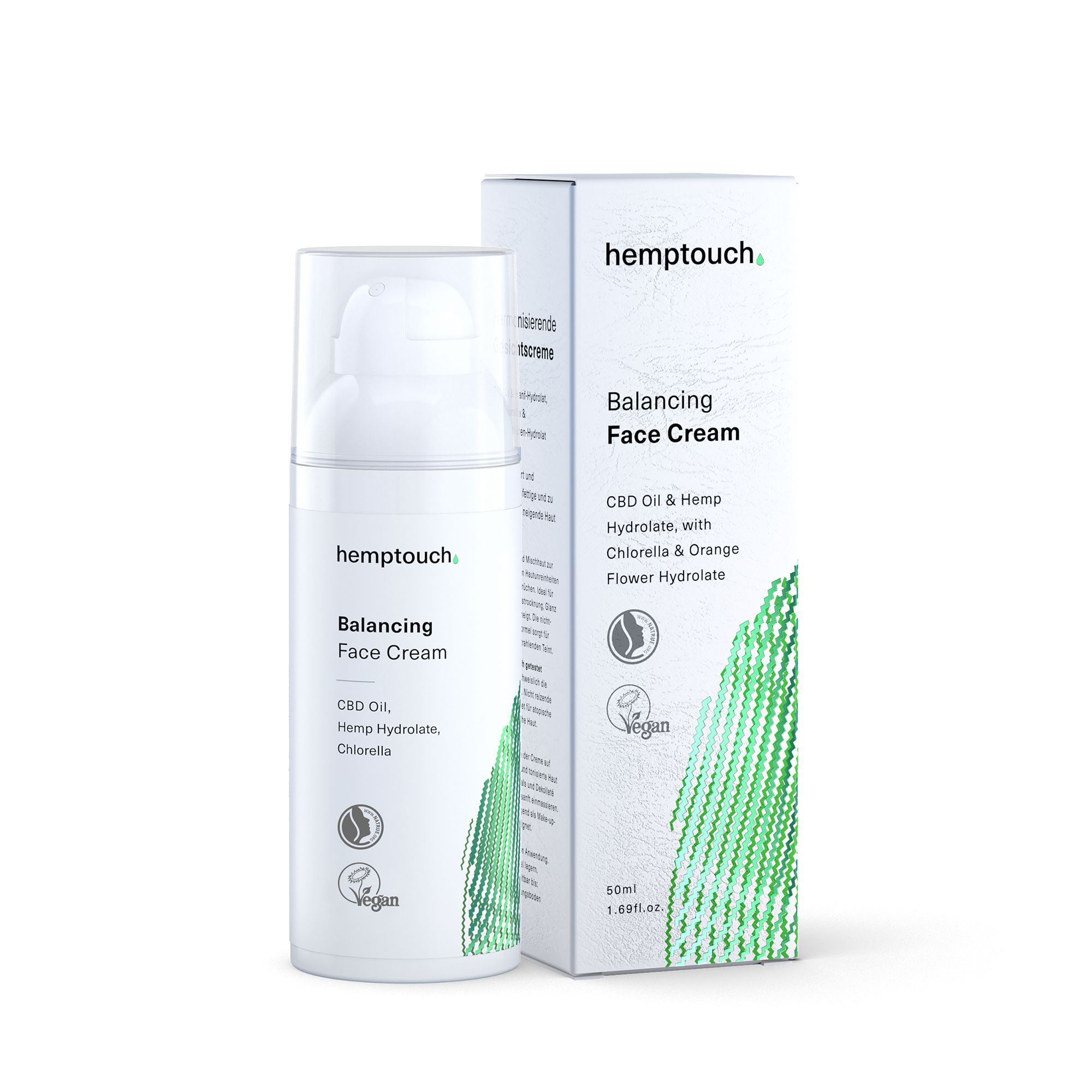 Weiße Flasche und Karton. Aufschrift: Hemptouch, Balancing Face Cream, CBD Oil & Hemp Hydrolate, Vegan-Siegel.