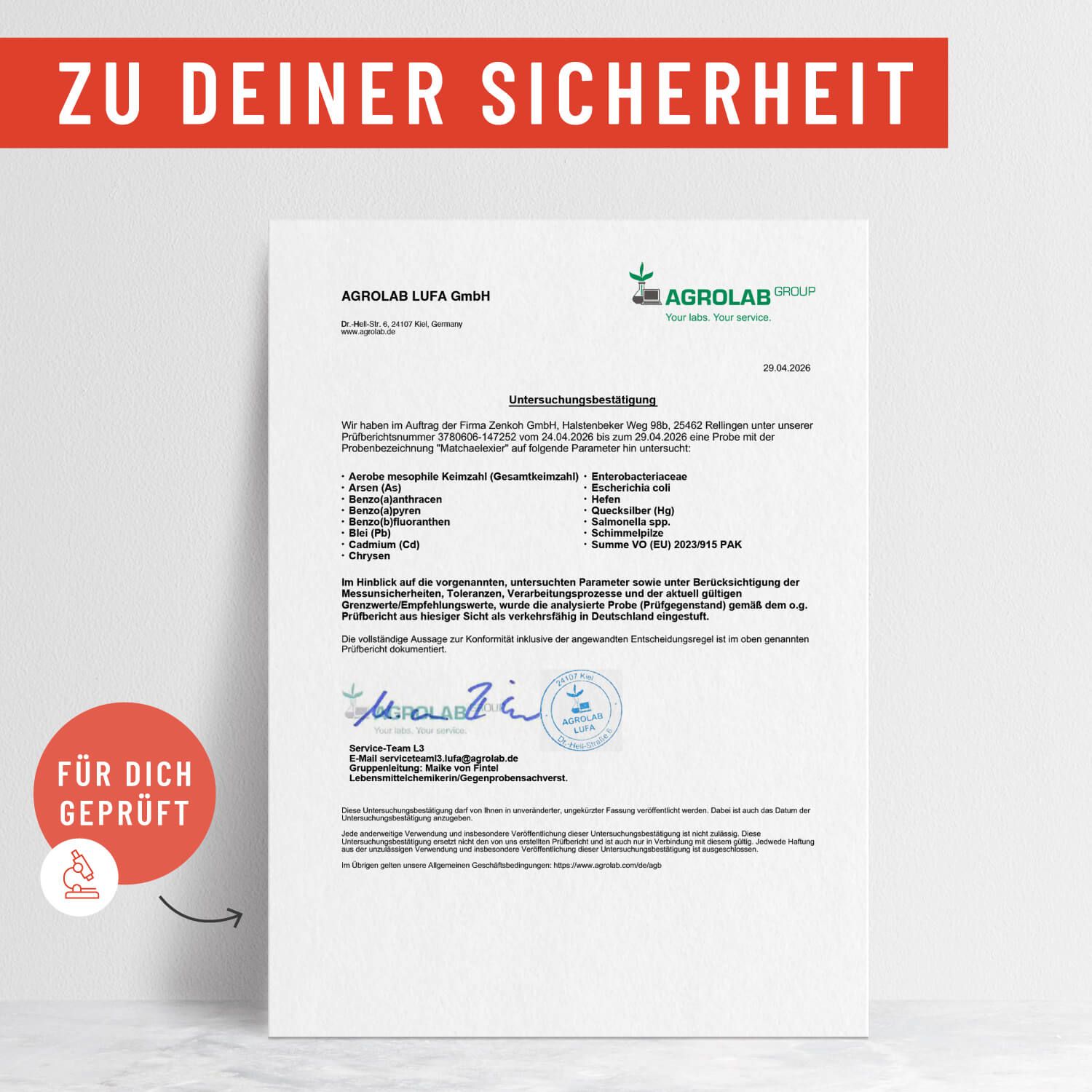 AGROLAB LUFA GmbH-Zertifikat. Unterschrift, Text über Analyseergebnisse. Text: Für dich geprüft. Logo AGROLAB GROUP.