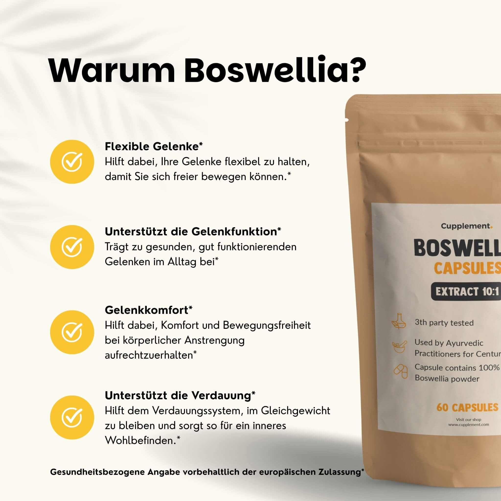 Braune Tüte mit Boswellia-Kapseln. Text: Warum Boswellia? Flexible Gelenke, unterstützt die Gelenkfunktion.