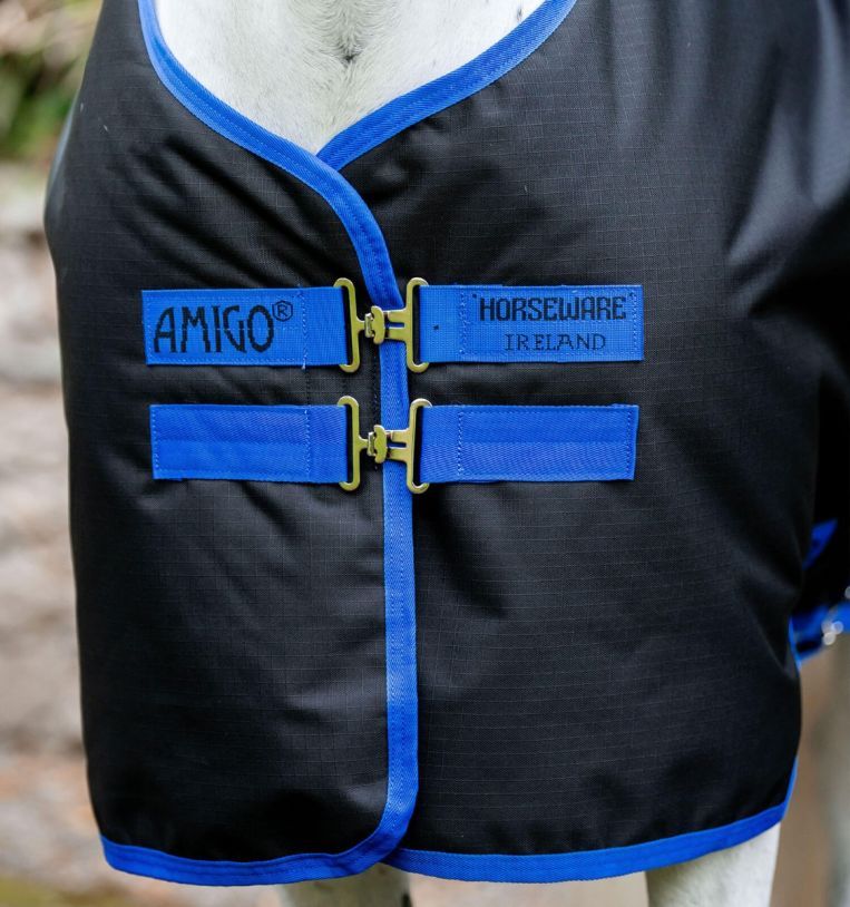 Nahaufnahme der Pferdedecke. Schwarzes Material mit blauen Riemen und Schnallen. Aufschrift 'AMIGO' und 'HORSEWARE IRELAND'.