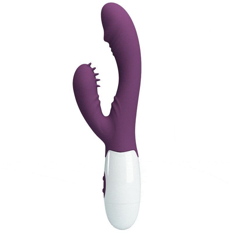 Lila Vibrator mit weißem Sockel. Der gebogene Schaft hat eine geriffelte Spitze und einen G-Punkt-Stimulator.