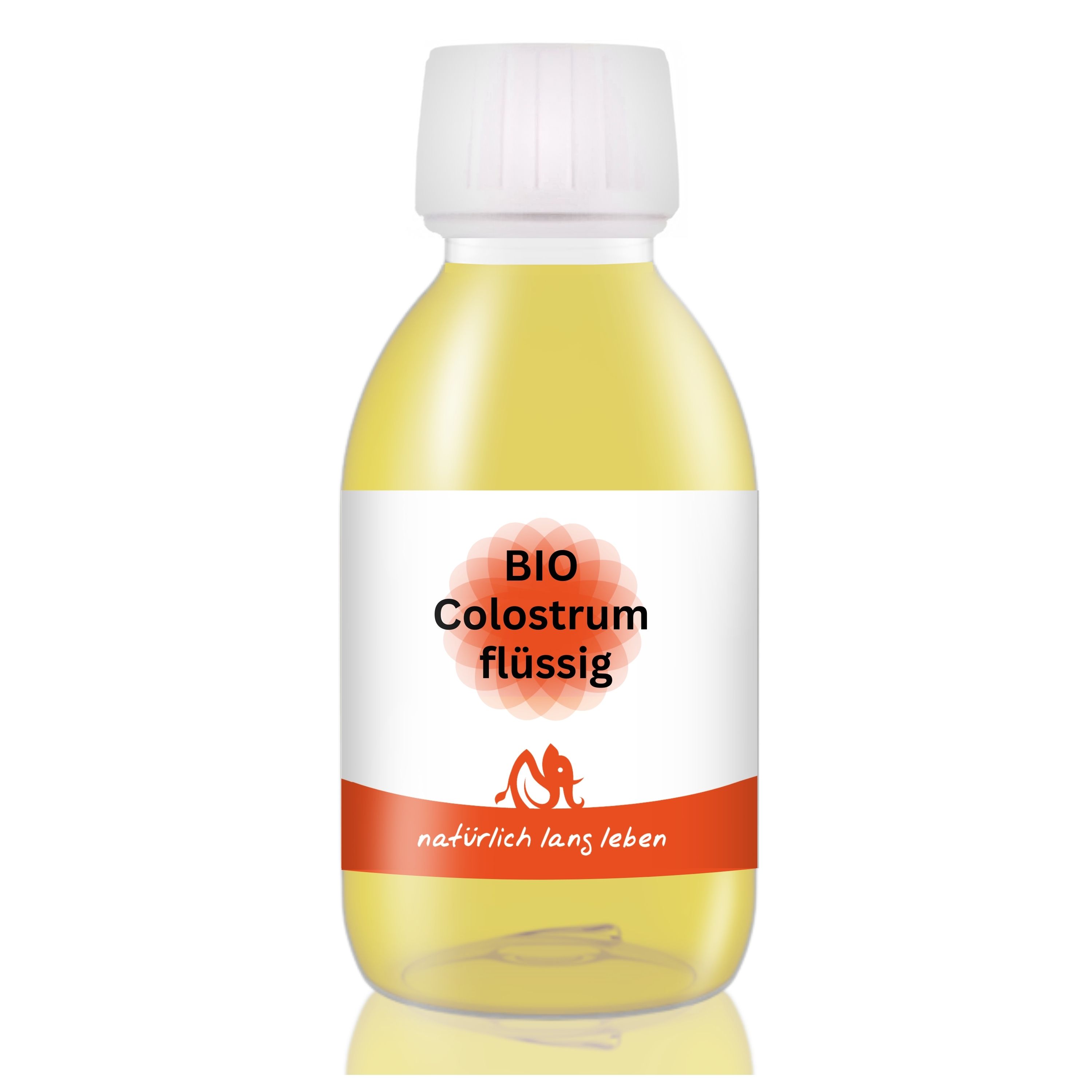 Flüssiges BIO Colostrum in einer transparenten Flasche mit weißem Deckel und Etikett. Orangefarbener Streifen mit Schriftzug.